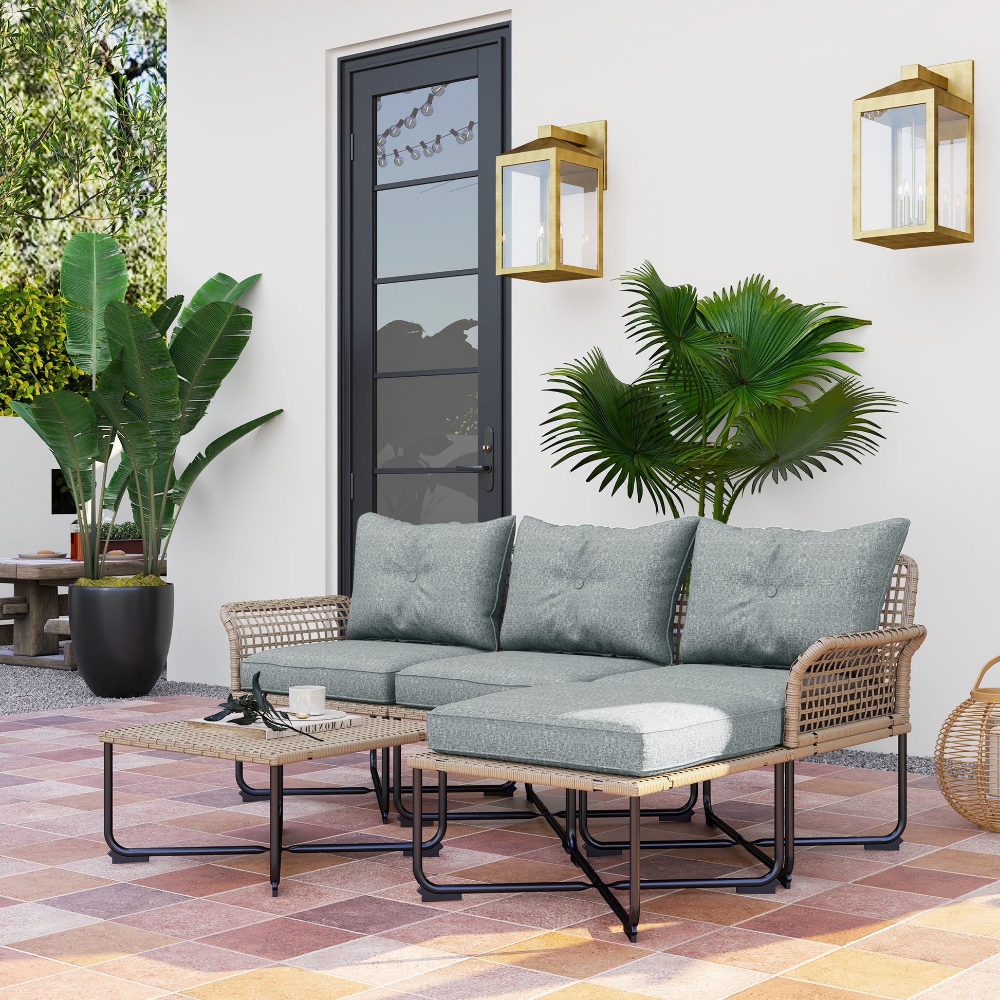 Outsunny Conjunto de Jardín Exterior de Ratán Sintético de 5 Piezas Muebles de Jardín Exterior Incluye 2 Sofás Esquineras 1 Sofá de Exterior 1 Taburete 1 Mesa de Centro con Cojines Gris