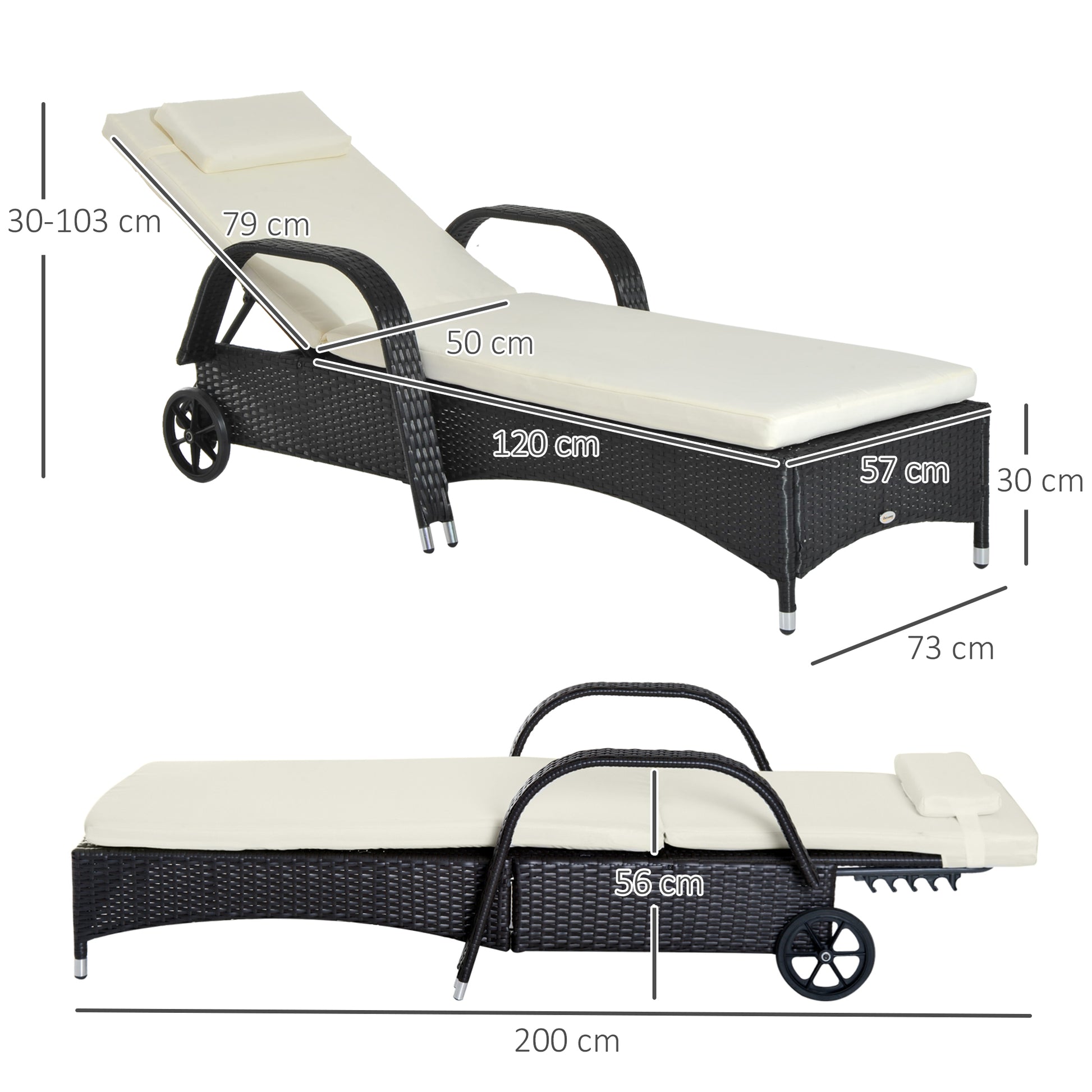 Outsunny Tumbona de Ratán de Jardín Chaise Longue con Respaldo Ajustable en 5 Posiciones Cojines Acolchados Reposacabezas y 2 Ruedas Carga 160 kg 200x73x30-103 cm Negro