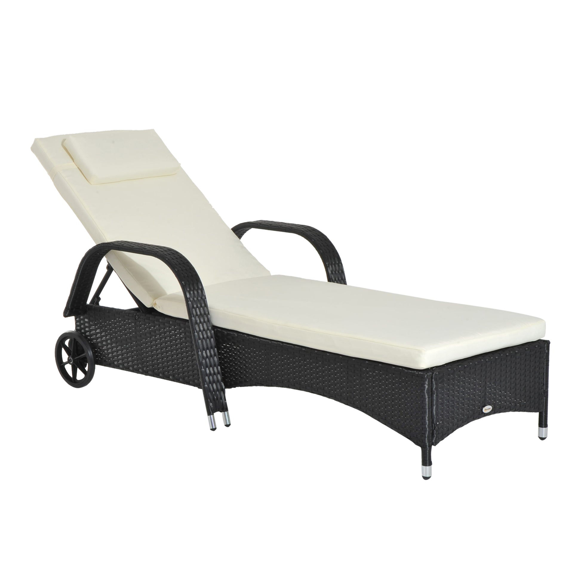 Outsunny Tumbona de Ratán de Jardín Chaise Longue con Respaldo Ajustable en 5 Posiciones Cojines Acolchados Reposacabezas y 2 Ruedas Carga 160 kg 200x73x30-103 cm Negro
