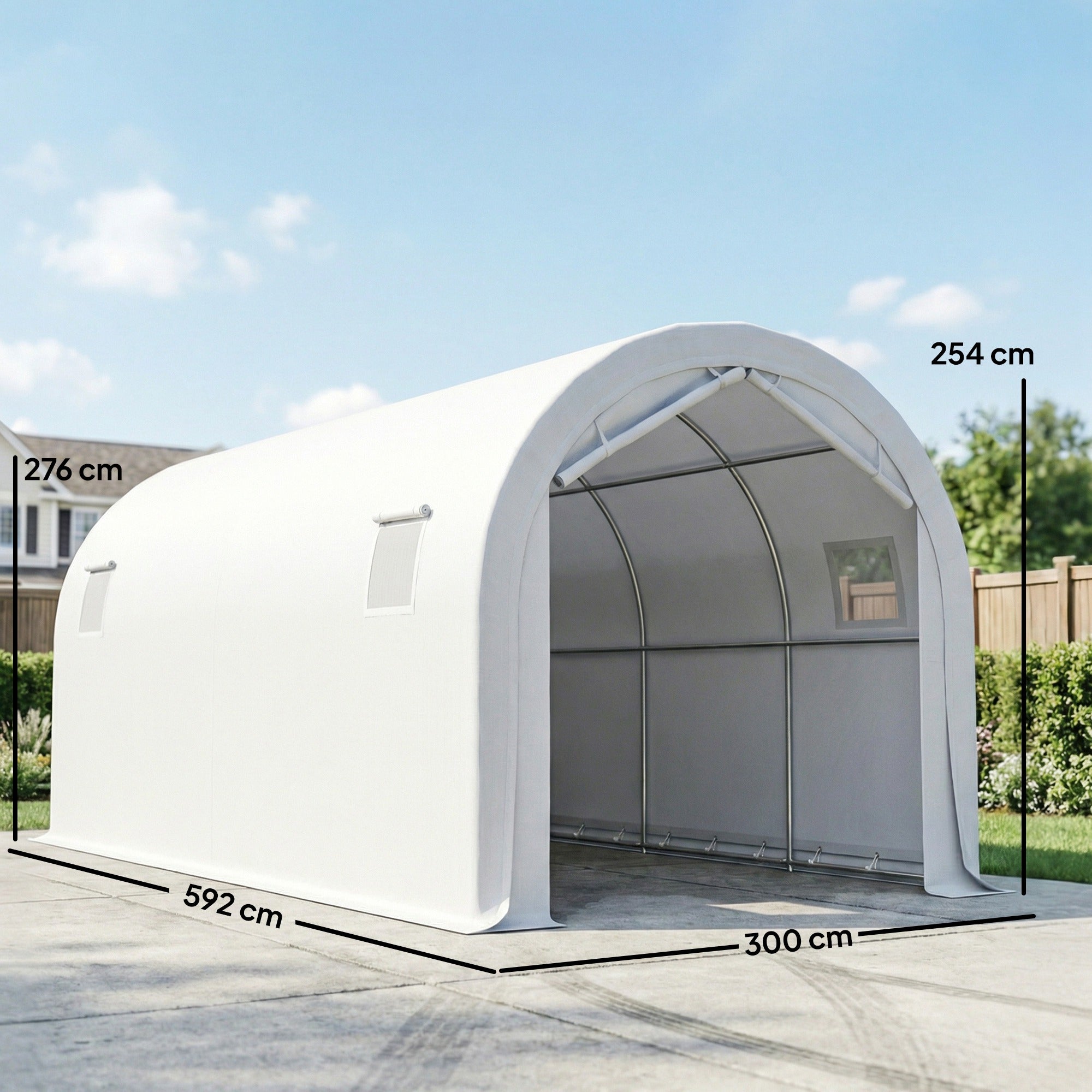 Outsunny Carpa Garaje Portátil 3x6 m, Garaje Exterior para Coche Impermeable con Puerta Enrollable con Cremalleras y 4 Ventanas, Marco Metal Galvanizado, UPF 30+, Cobertizo de Almacenamiento, Blanco