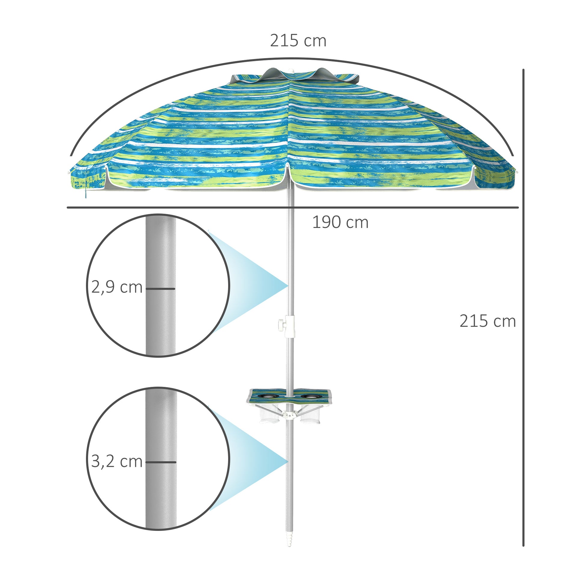 Outsunny Sombrilla de Playa Ø190x215 cm Parasol para Terraza con Reclinación 45° Altura Ajustable Mesa con Portavasos Anti-UV Impermeable y Bolsa de Transporte para Jardín Piscina Multicolor