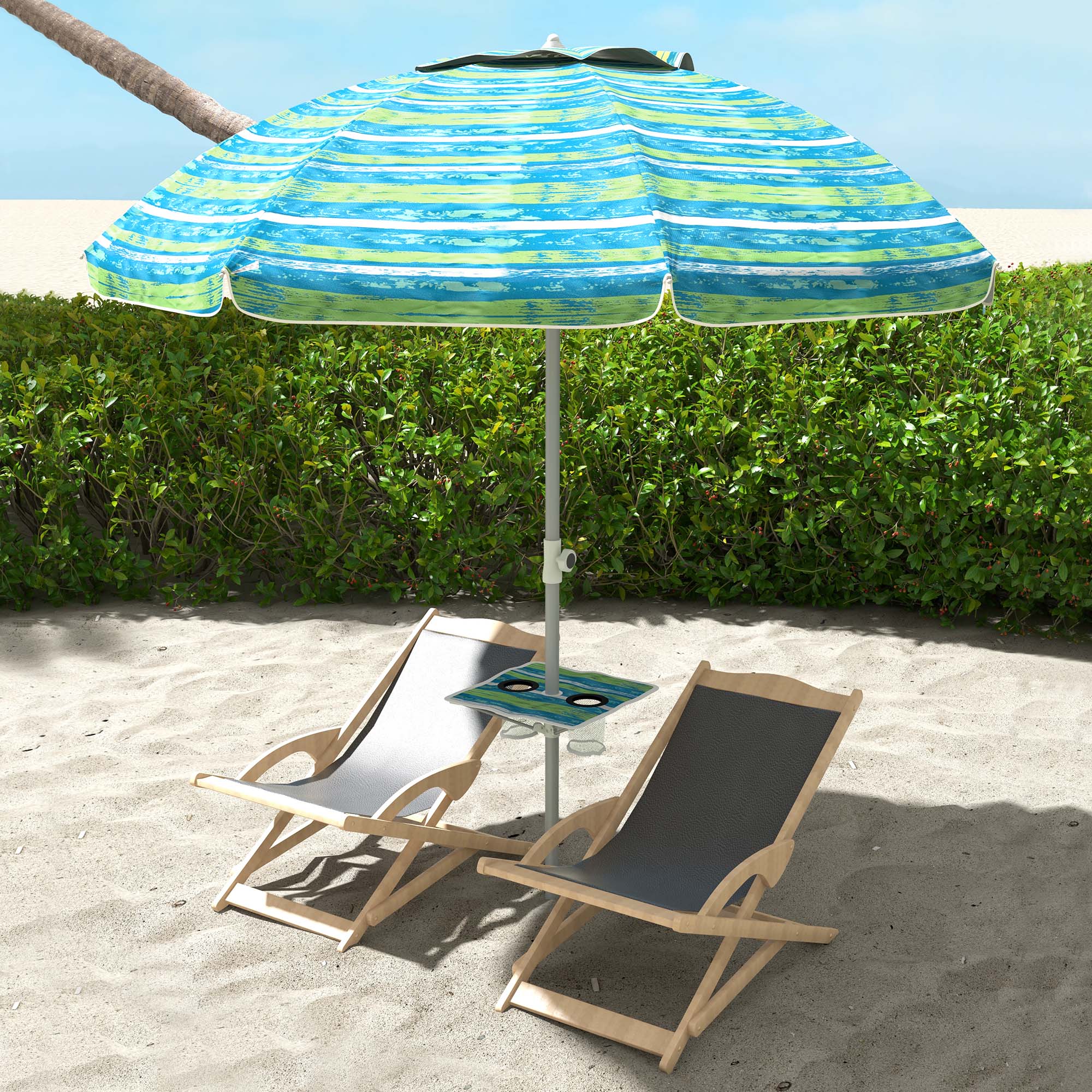 Outsunny Sombrilla de Playa Ø190x215 cm Parasol para Terraza con Reclinación 45° Altura Ajustable Mesa con Portavasos Anti-UV Impermeable y Bolsa de Transporte para Jardín Piscina Multicolor