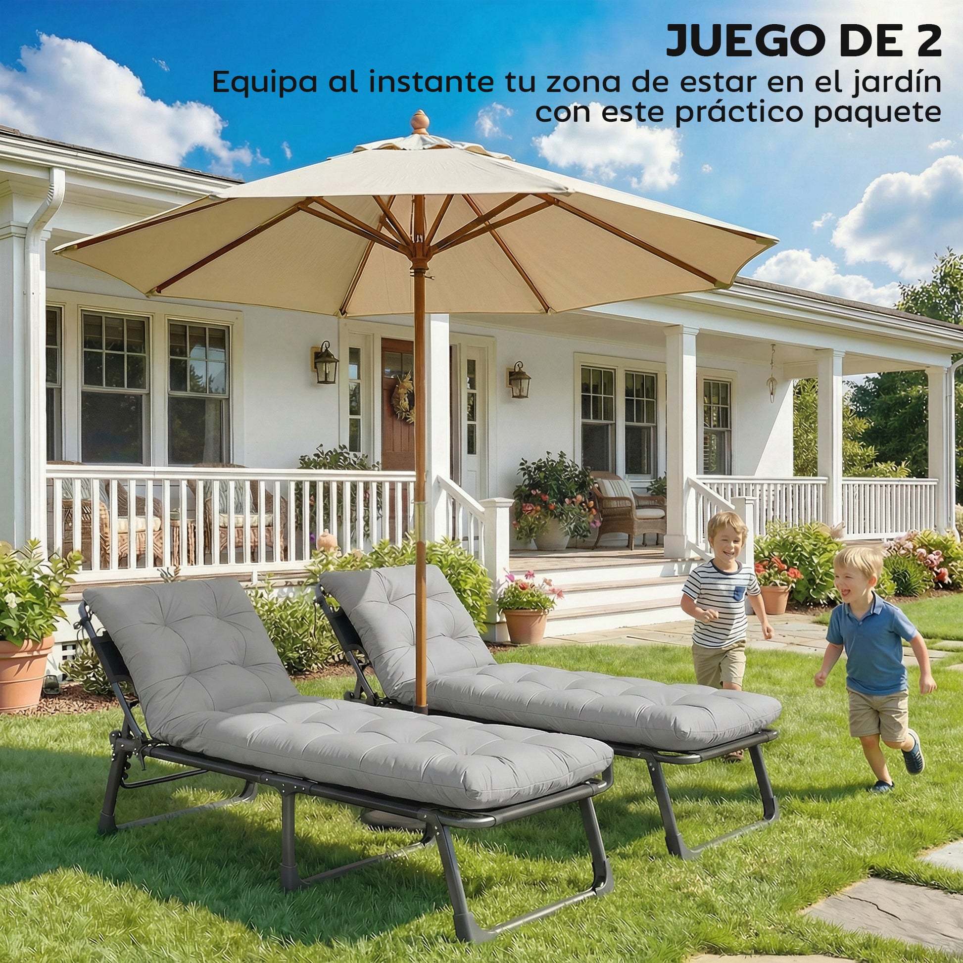 Outsunny Juego de 2 Cojines para Tumbonas, 180x55x8 cm, Cojines para Tumbonas de Exterior Gruesas, UPF30+, Almohadillas de Repuesto para Tumbonas con 4 Cintas, Gris Claro