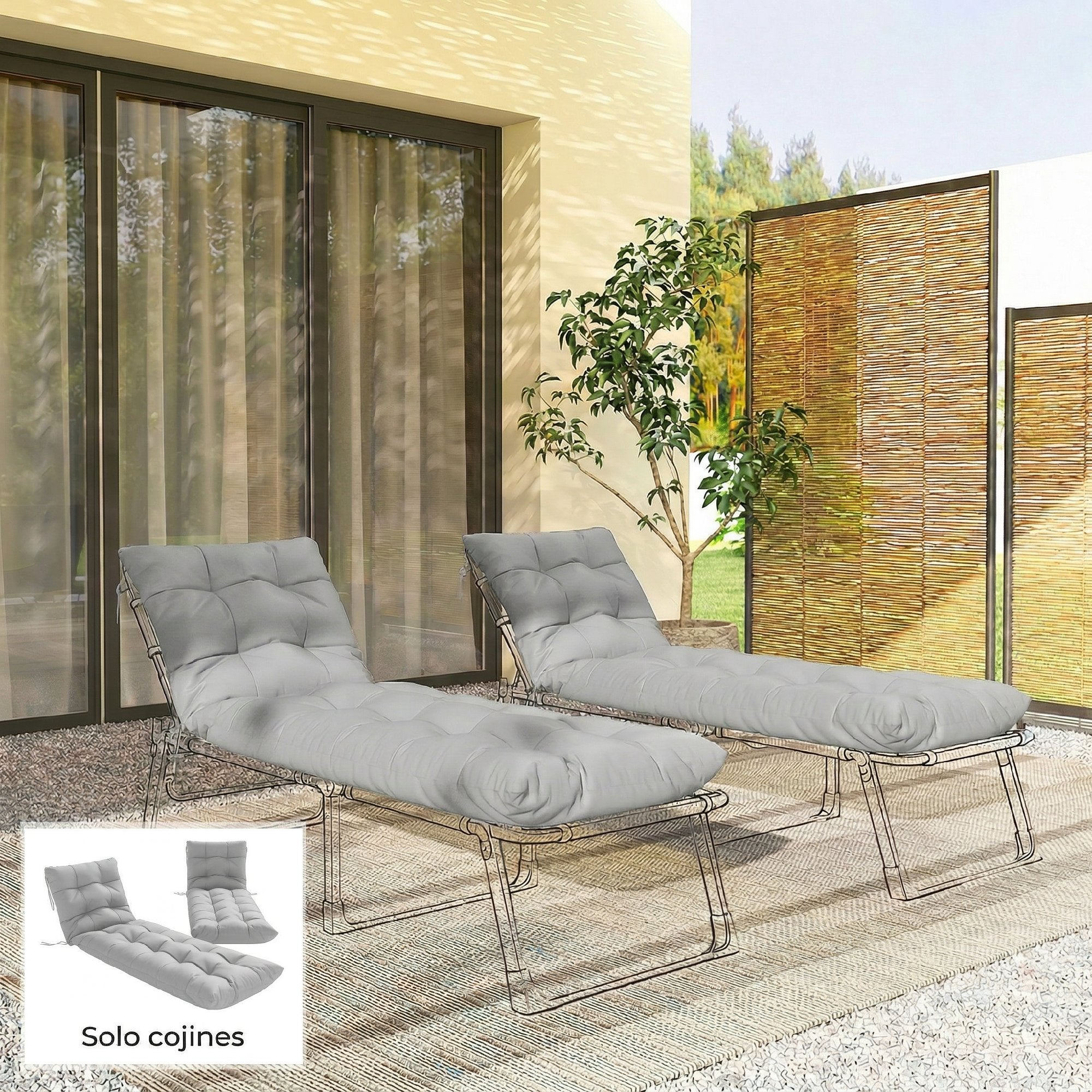 Outsunny Juego de 2 Cojines para Tumbonas, 180x55x8 cm, Cojines para Tumbonas de Exterior Gruesas, UPF30+, Almohadillas de Repuesto para Tumbonas con 4 Cintas, Gris Claro