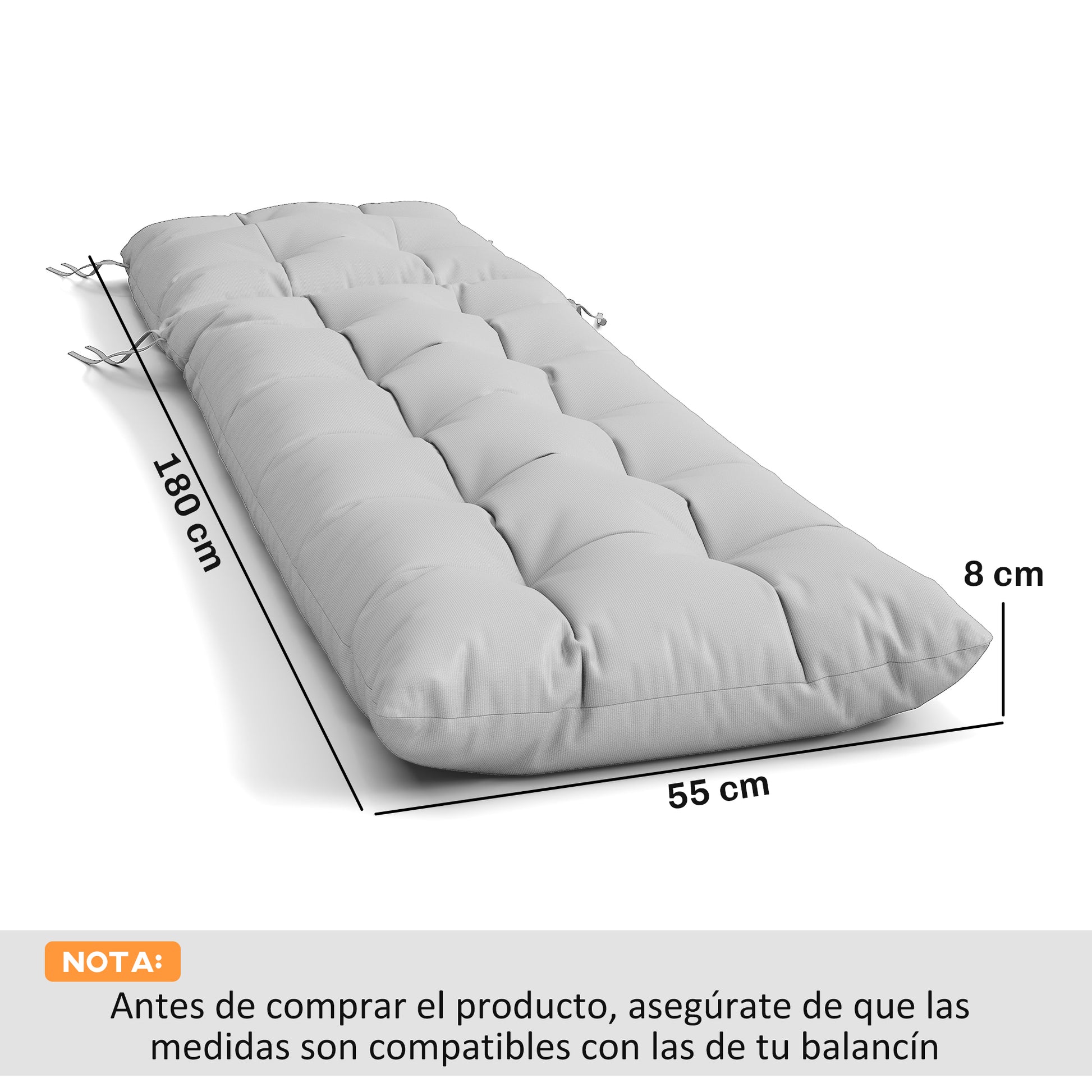 Outsunny Juego de 2 Cojines para Tumbonas, 180x55x8 cm, Cojines para Tumbonas de Exterior Gruesas, UPF30+, Almohadillas de Repuesto para Tumbonas con 4 Cintas, Gris Claro