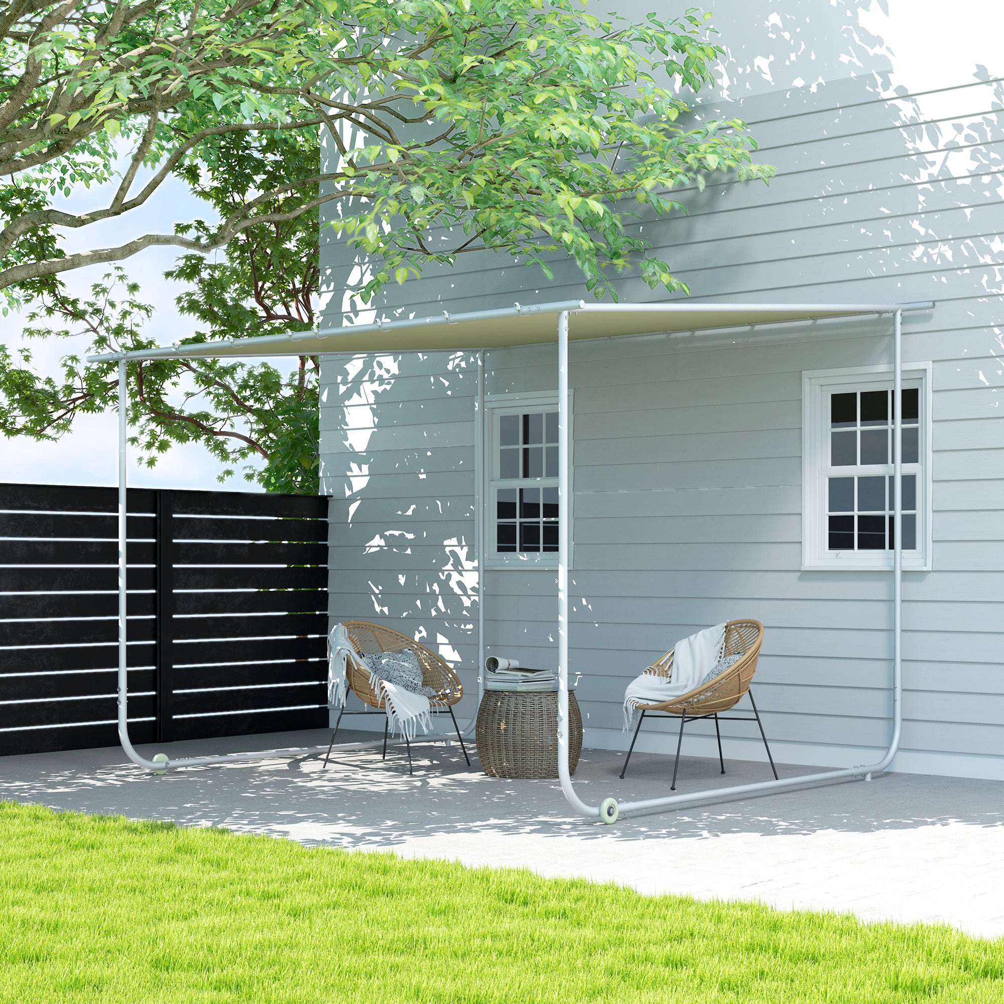 Outsunny Pérgola 3x3 m Cenador de Jardín con Ruedas Protección UV 30+ Impermeable Sacos de Arena y Marco de Acero para Patio Terraza Balcón Crema