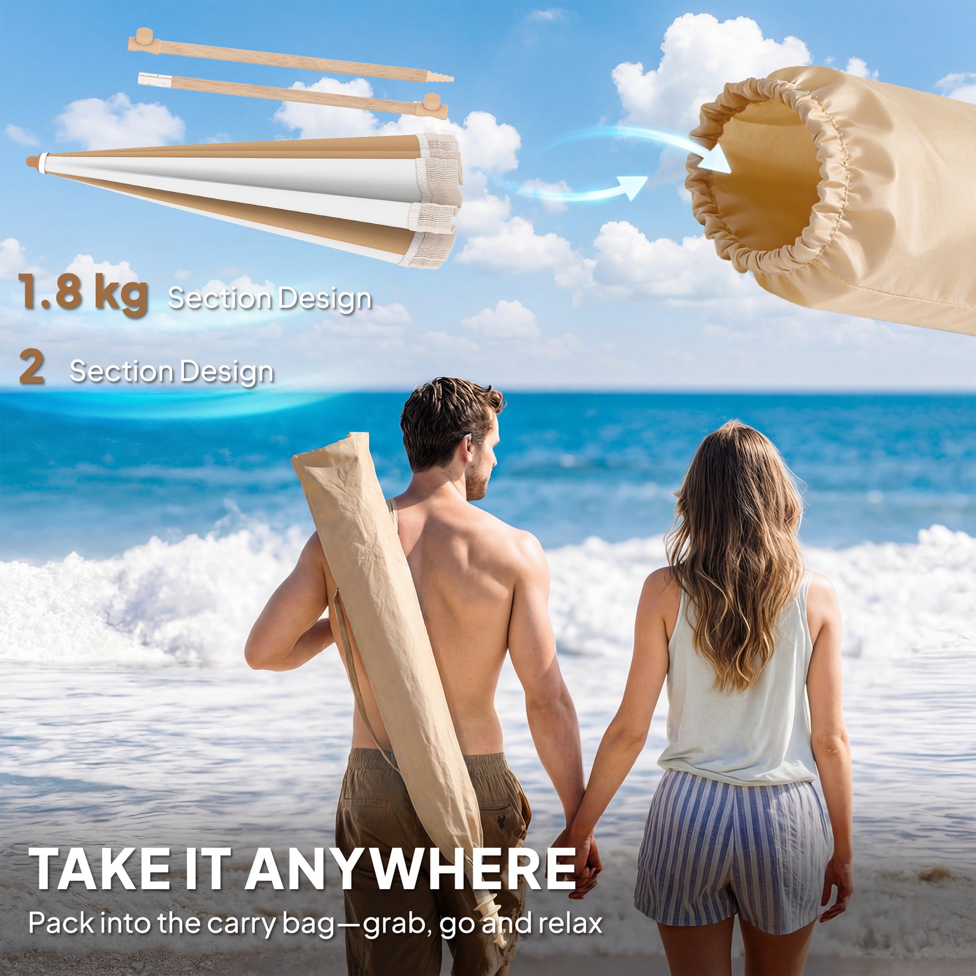 Outsunny Sombrilla de Playa con Flecos Ø175 cm, Sombrilla de Terraza Exterior con Altura Ajustable, Inclinación 30°, Anclaje Arena, UPF30+ y Bolsa de Transporte, Blanco y Beige