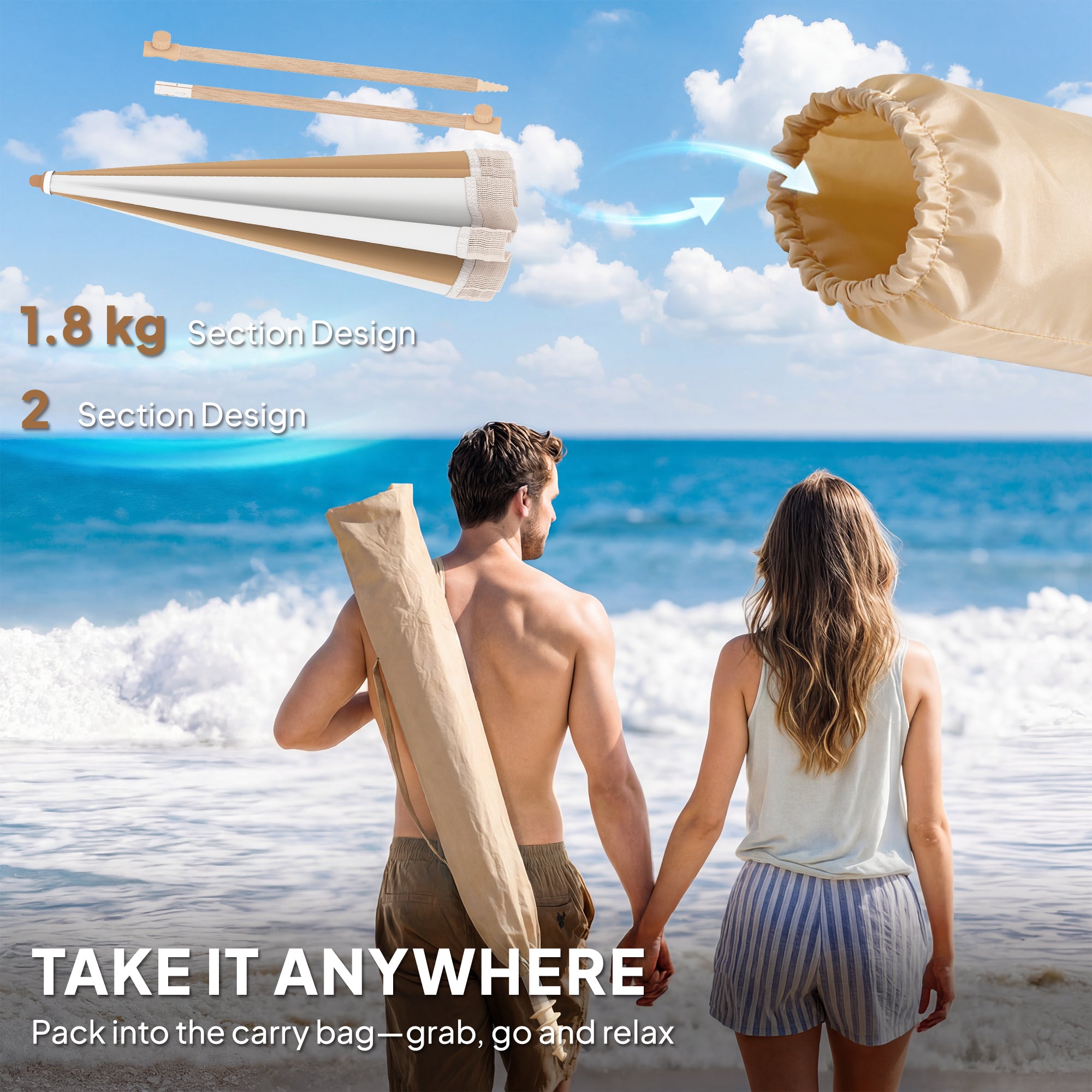 Outsunny Sombrilla de Playa con Flecos Ø175 cm, Sombrilla de Terraza Exterior con Altura Ajustable, Inclinación 30°, Anclaje Arena, UPF30+ y Bolsa de Transporte, Blanco y Beige