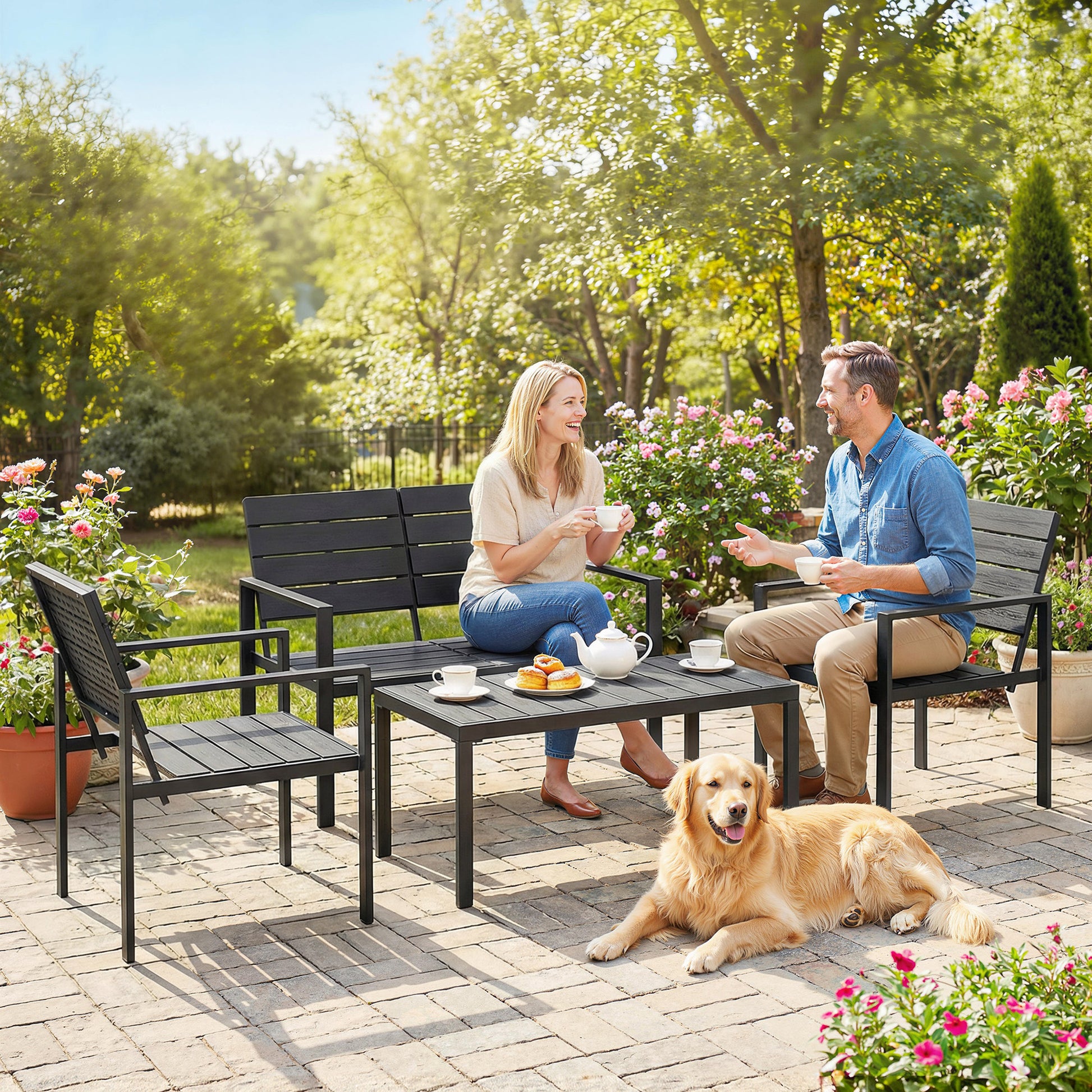 Outsunny Conjunto de Muebles de Jardín para 4 Personas, Sofá de Jardín de 4 Piezas con Sofá de 2 Plazas, 2 Sillones, Mesa de Centro, Estructura Metálica, Negro