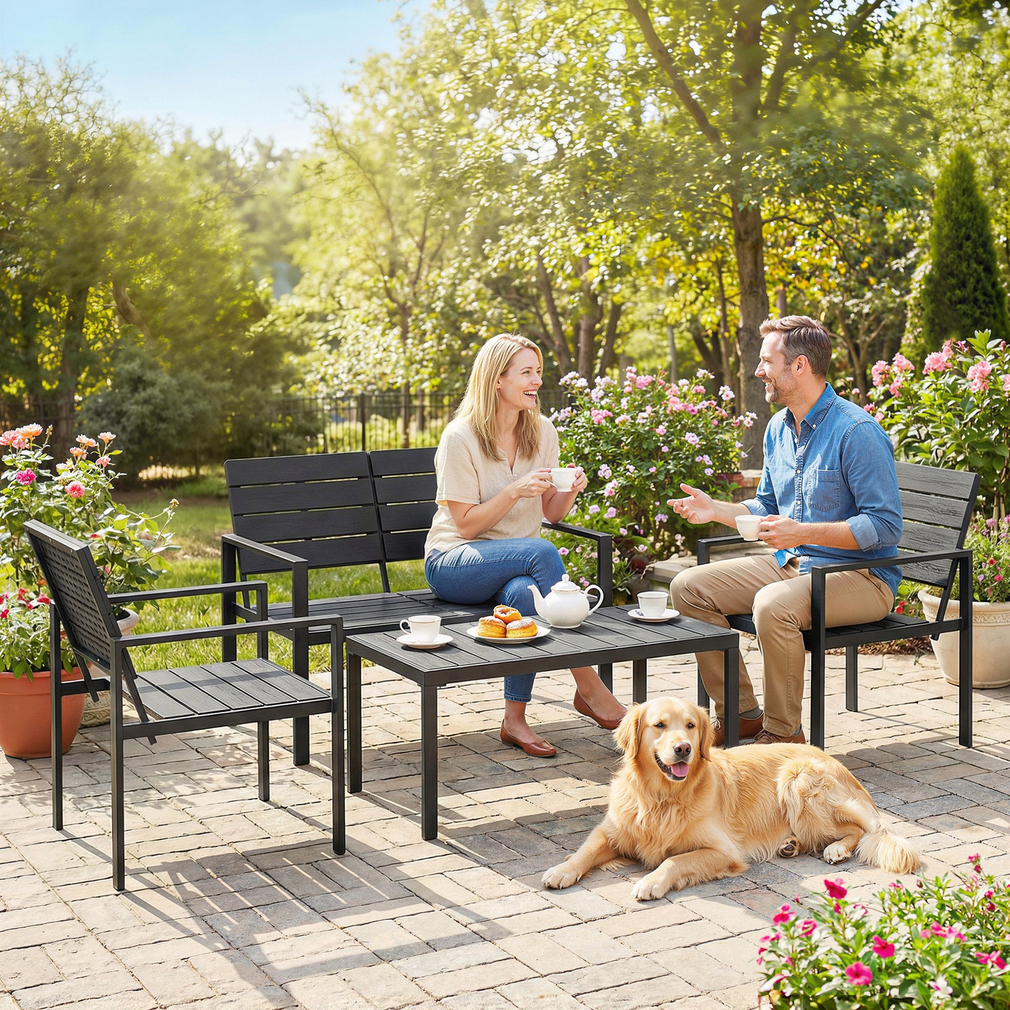 Outsunny Conjunto de Muebles de Jardín para 4 Personas, Sofá de Jardín de 4 Piezas con Sofá de 2 Plazas, 2 Sillones, Mesa de Centro, Estructura Metálica, Negro