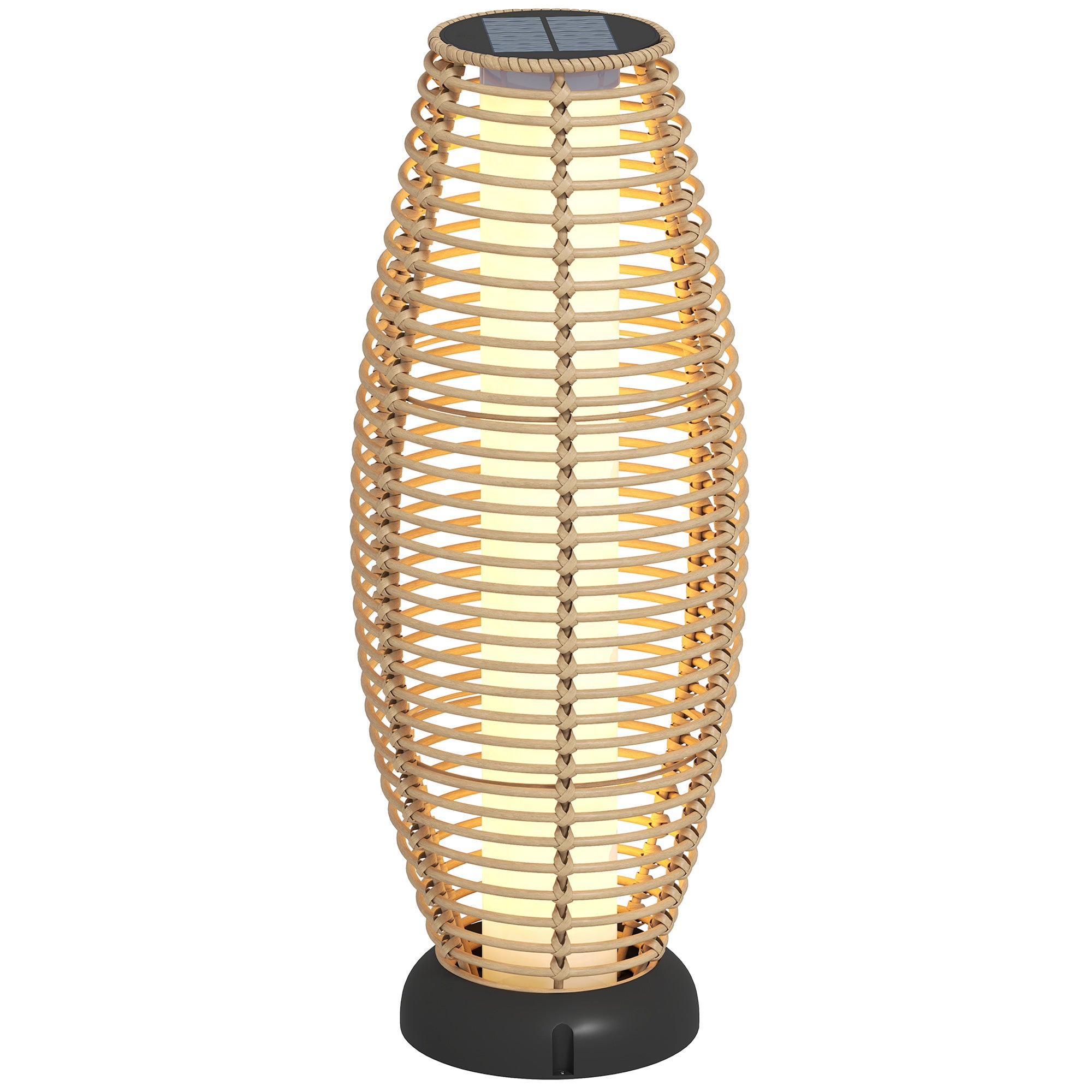 Outsunny Linterna de Jardín de Ratán Sintético Farola Solar Exterior con Luces LED Encendido y Apagado Automático Impermeable para Terraza Balcón Patio Ø26x72 cm Natural