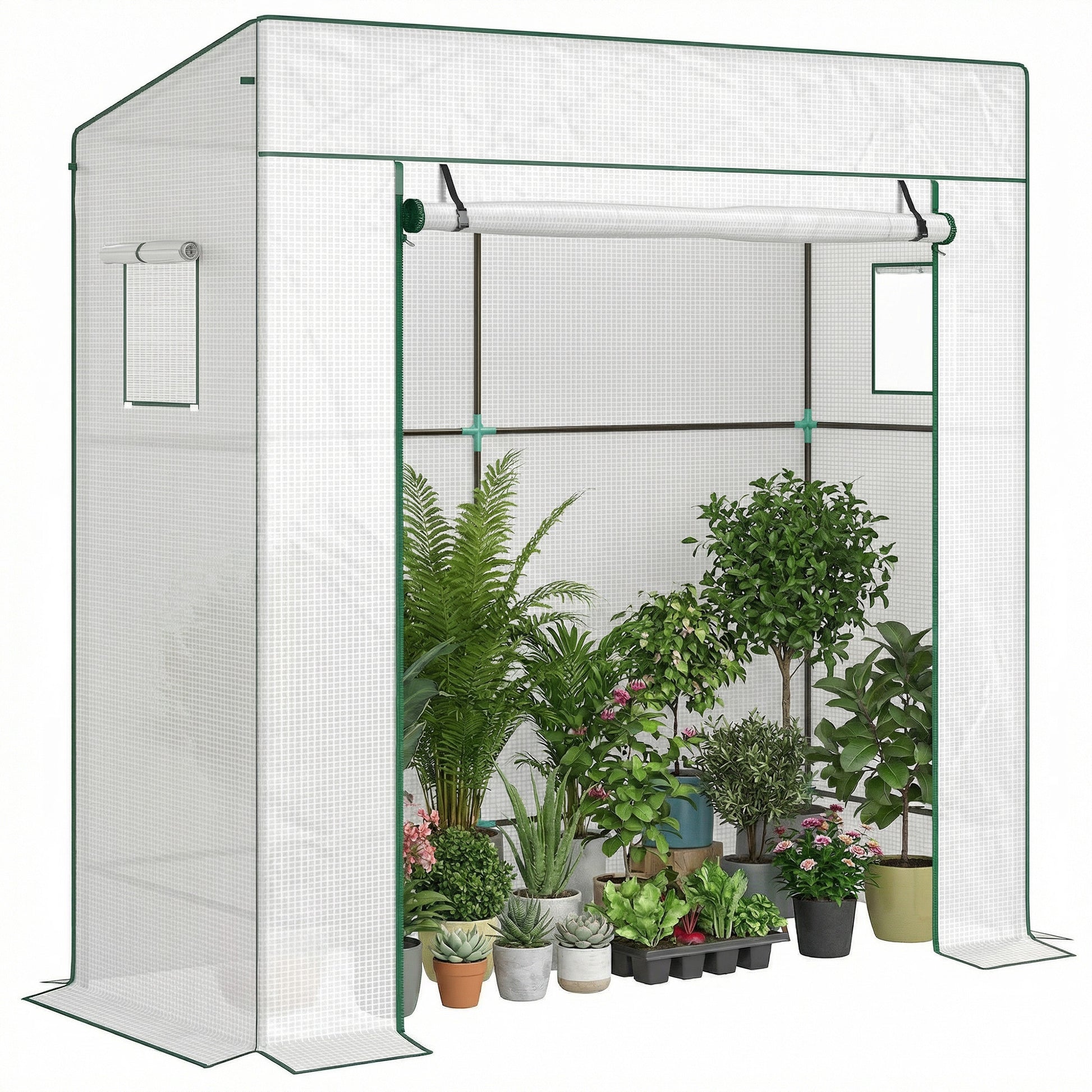 Outsunny Invernadero Pequeño Invernadero de Exterior con Ventanas de Malla y Puerta con Cremallera Marco de Acero y Cubierta de PE 140g/m² para Cultivar Tomates Plantas Flores 196x77x197 cm Blanco