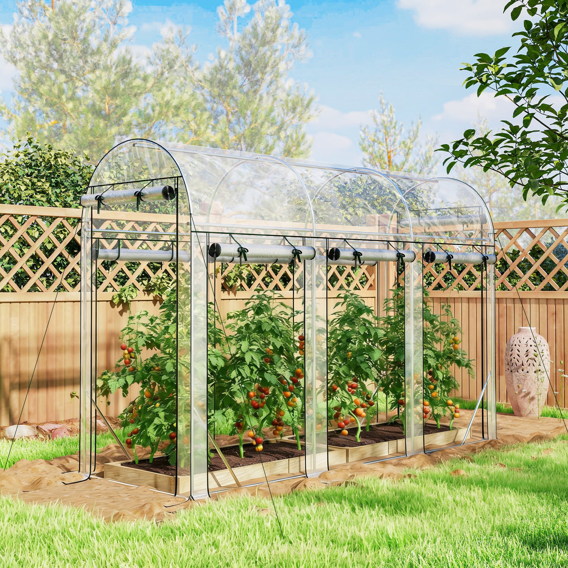 Outsunny Invernadero de Exterior 3x1x2 m, Invernadero de Túnel con 8 Puertas Enrollables, Cubierta de Plástico y Marco de Acero Galvanizado, Anti-UV, Impermeable, para Cultivos, Transparente