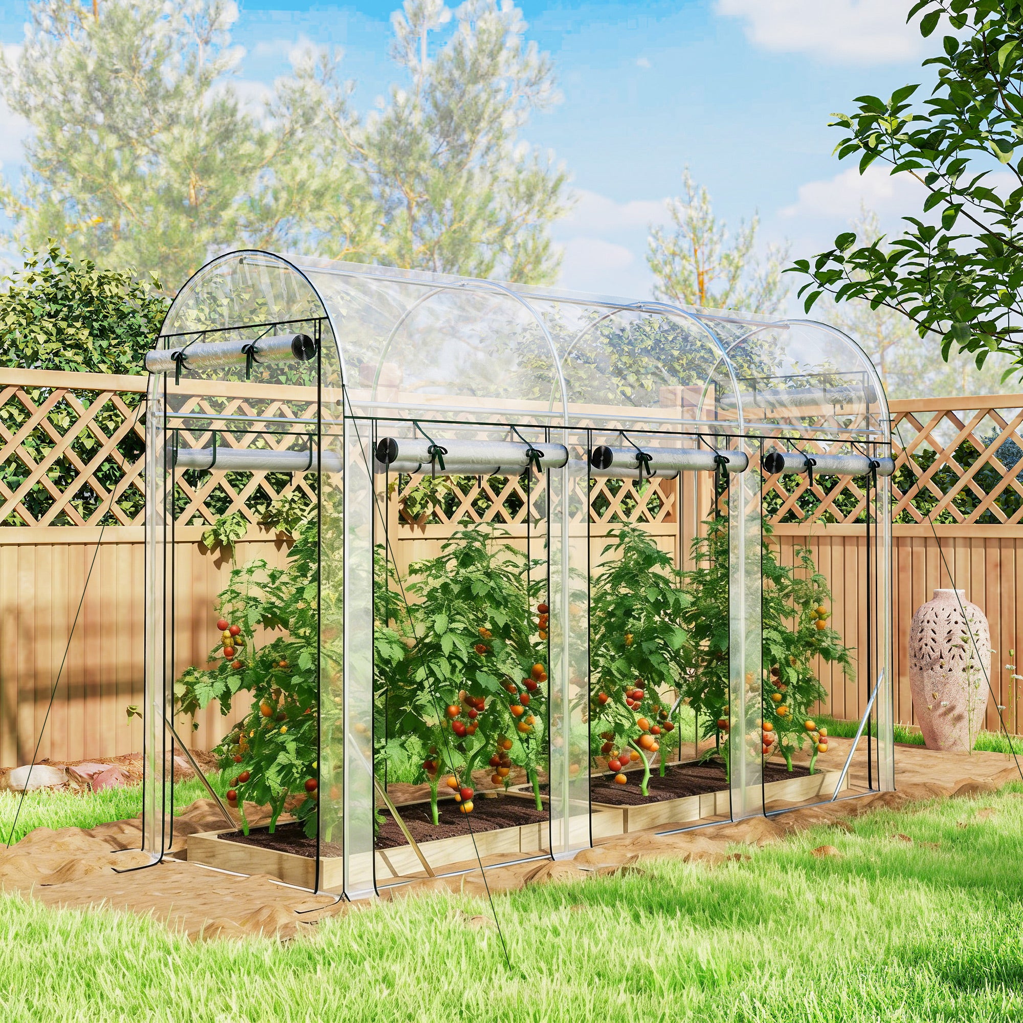 Outsunny Invernadero de Exterior 3x1x2 m, Invernadero de Túnel con 8 Puertas Enrollables, Cubierta de Plástico y Marco de Acero Galvanizado, Anti-UV, Impermeable, para Cultivos, Transparente