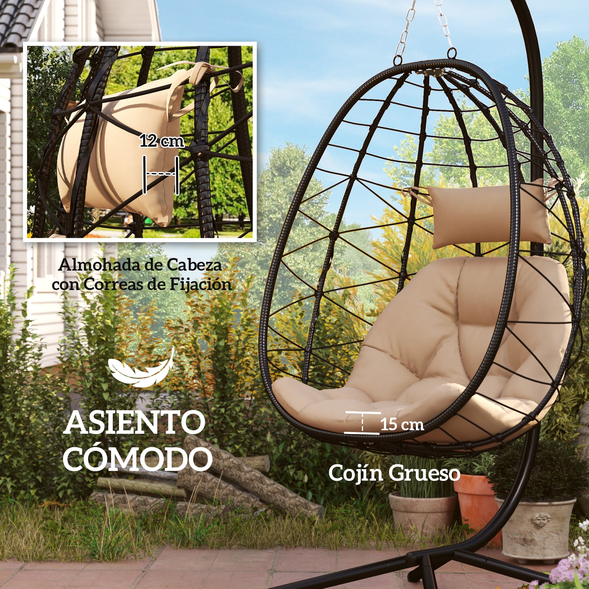 Outsunny Silla Colgante Huevo con Soporte Columpio Jardín Exterior con Cesta Plegable Cojín y Reposacabezas Columpio Colgante para Interior y Exterior Carga 120 kg Caqui