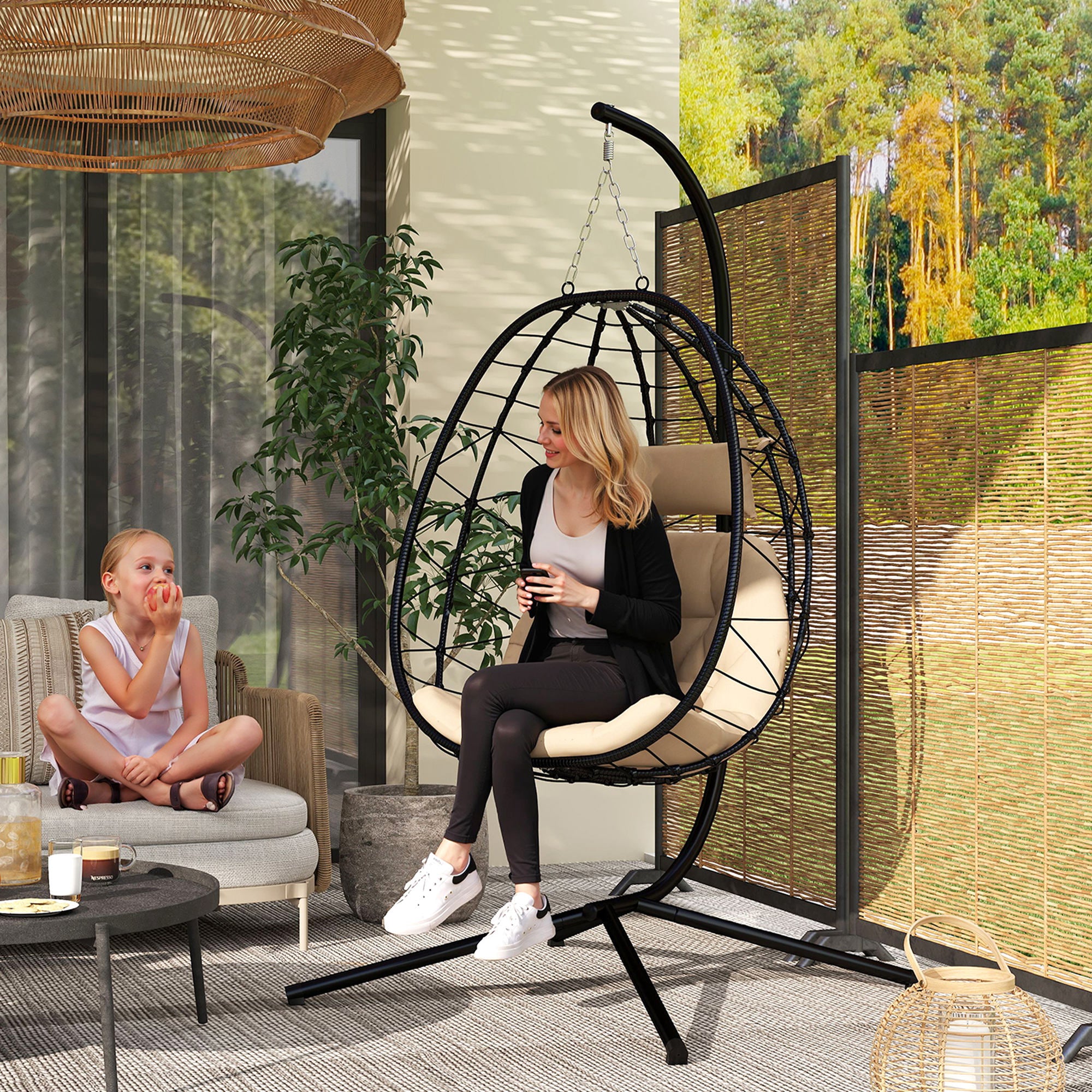 Outsunny Silla Colgante Huevo con Soporte Columpio Jardín Exterior con Cesta Plegable Cojín y Reposacabezas Columpio Colgante para Interior y Exterior Carga 120 kg Caqui