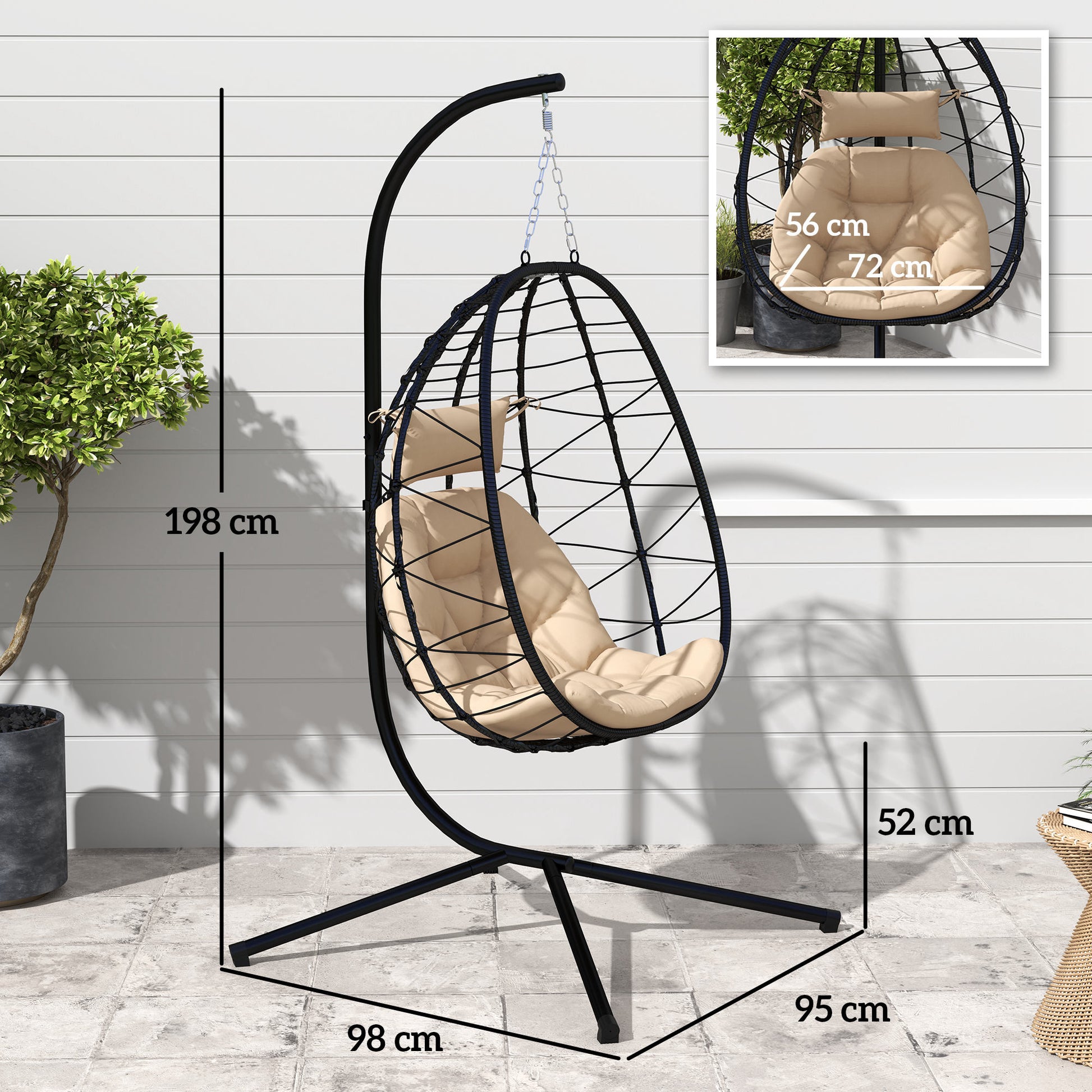 Outsunny Silla Colgante Huevo con Soporte Columpio Jardín Exterior con Cesta Plegable Cojín y Reposacabezas Columpio Colgante para Interior y Exterior Carga 120 kg Caqui