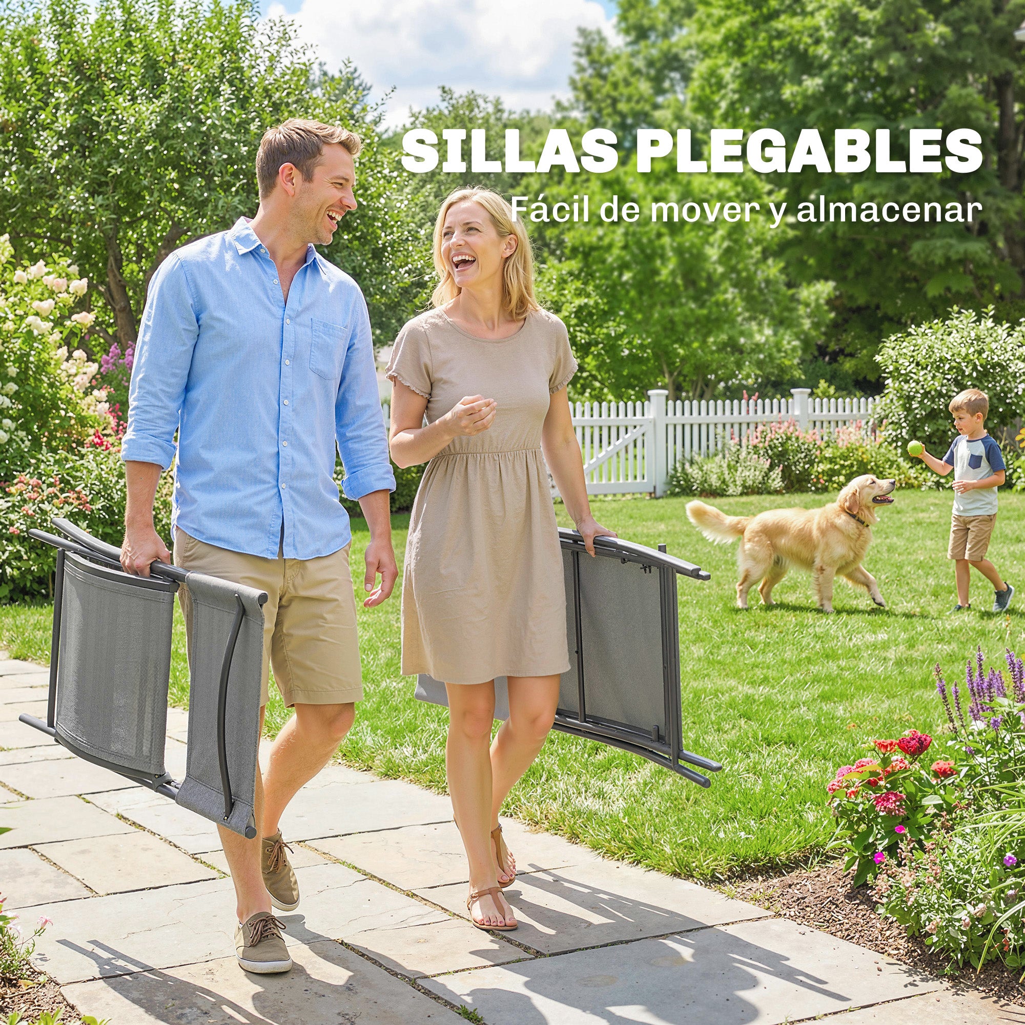 Outsunny Conjunto de Mesa y Sillas Jardín de 5 Piezas, Muebles de Jardín Exterior con 4 Sillas Plegables y Mesa Plegable, para Terraza, Patio, Gris