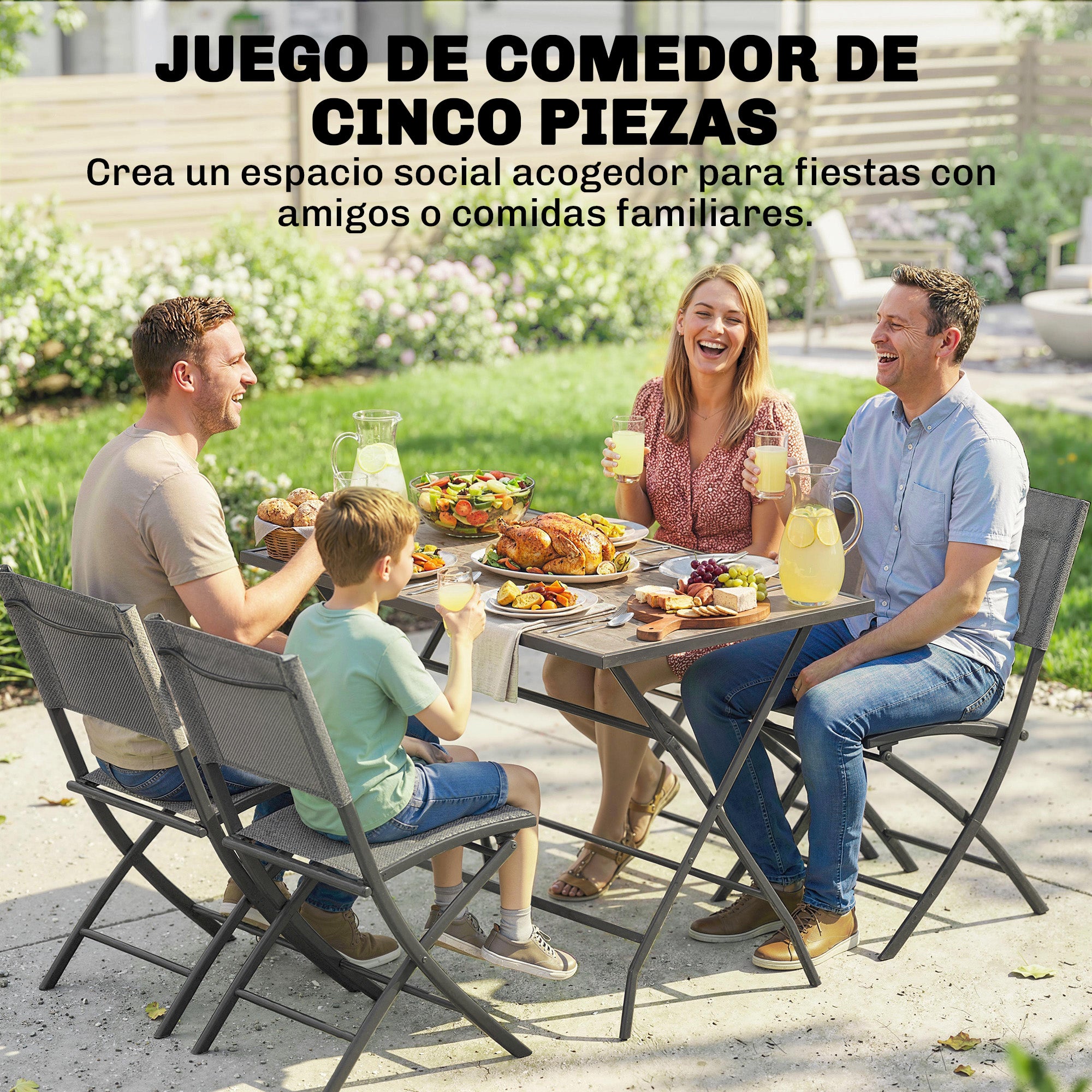 Outsunny Conjunto de Mesa y Sillas Jardín de 5 Piezas, Muebles de Jardín Exterior con 4 Sillas Plegables y Mesa Plegable, para Terraza, Patio, Gris