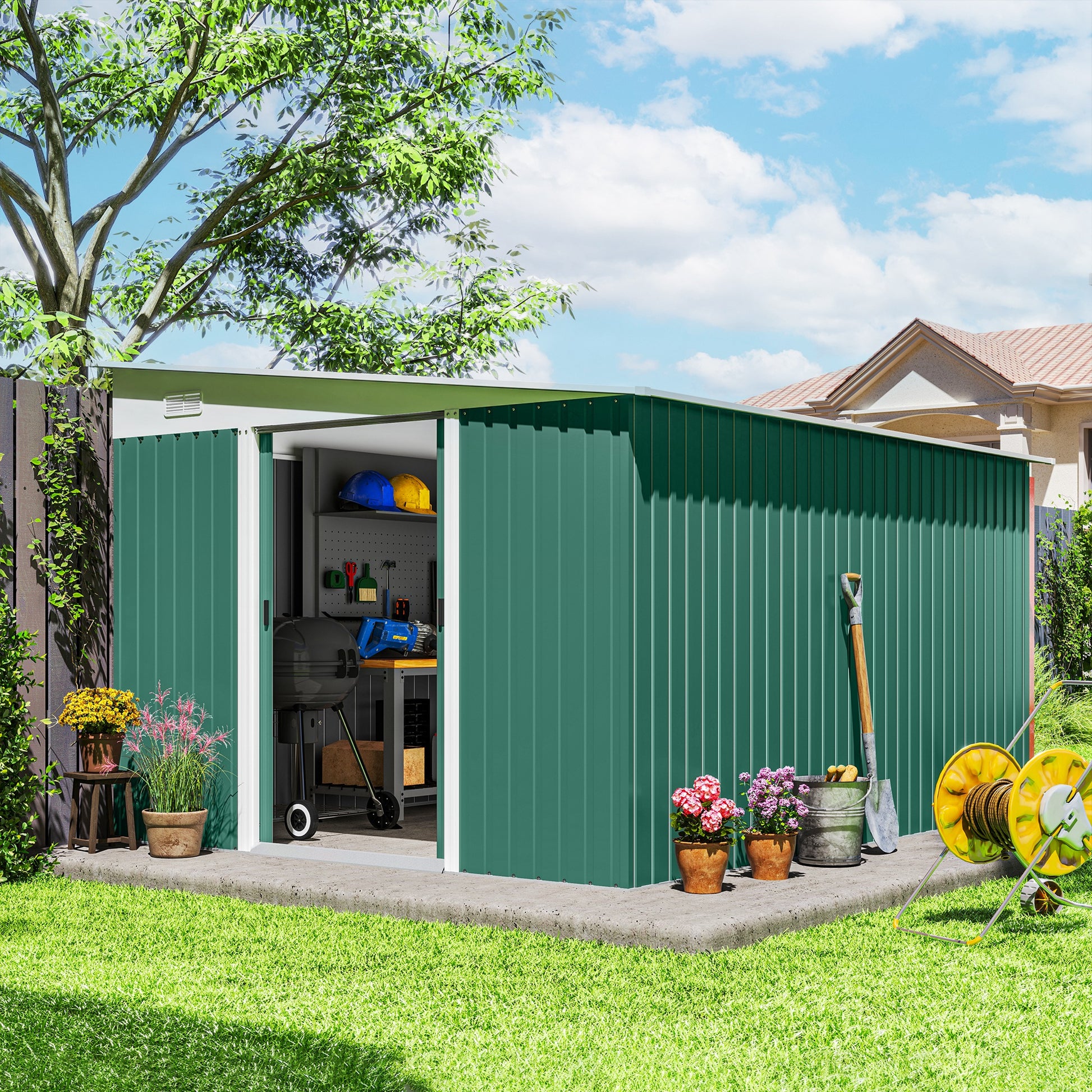 Outsunny Cobertizo de Jardín Exterior 8,9 m² 280x345x201 cm Caseta de Jardín Exterior Metálica con 2 Puertas Corredizas y 2 Ventanas para Almacenamiento de Herramientas Verde
