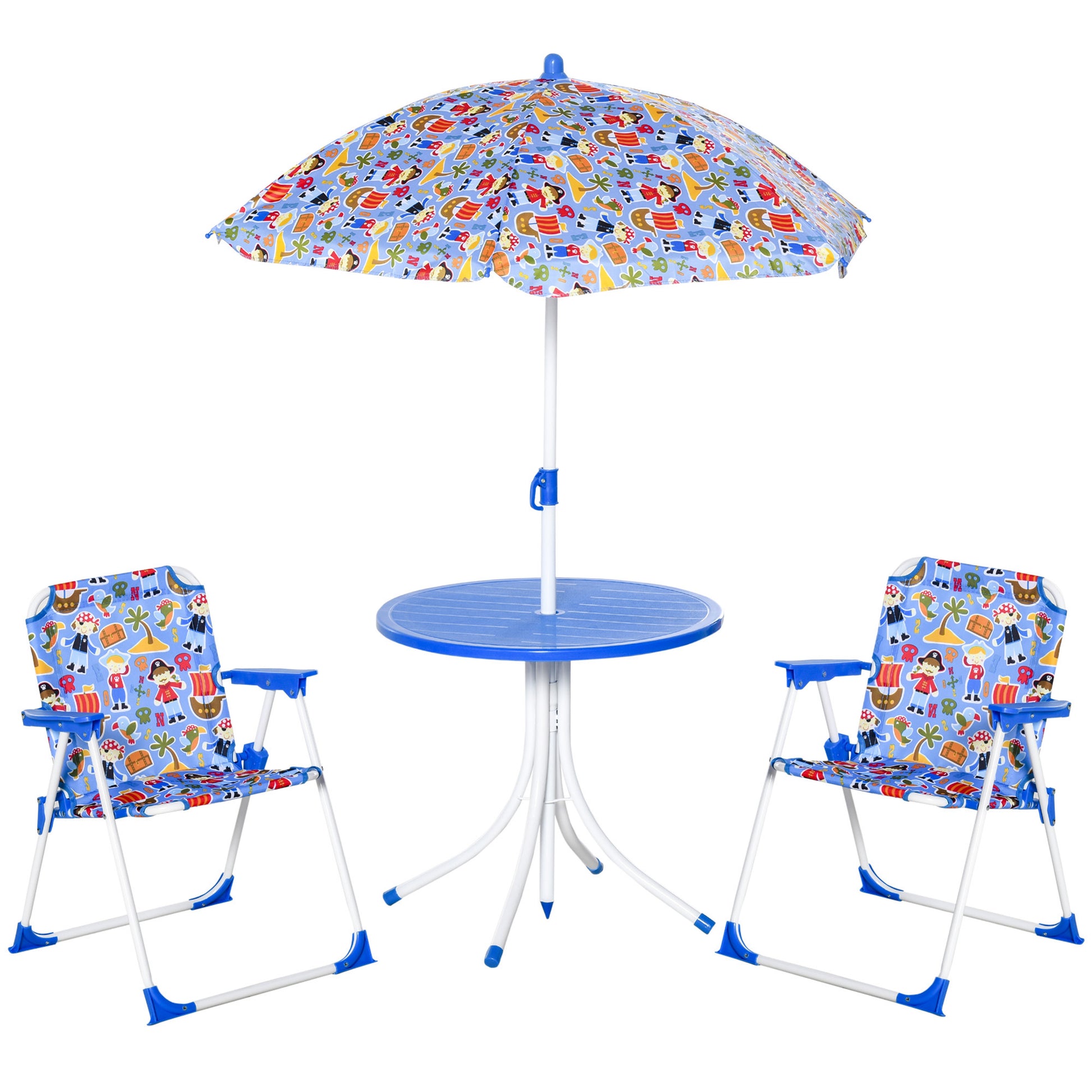 Outsunny Set de Mesa y Sillas Exterior Infantil Conjunto de Picnic Plegable para Jardín Juego de Mesa con Sombrilla Ajustable 100-125 cm Protección de UV Azul