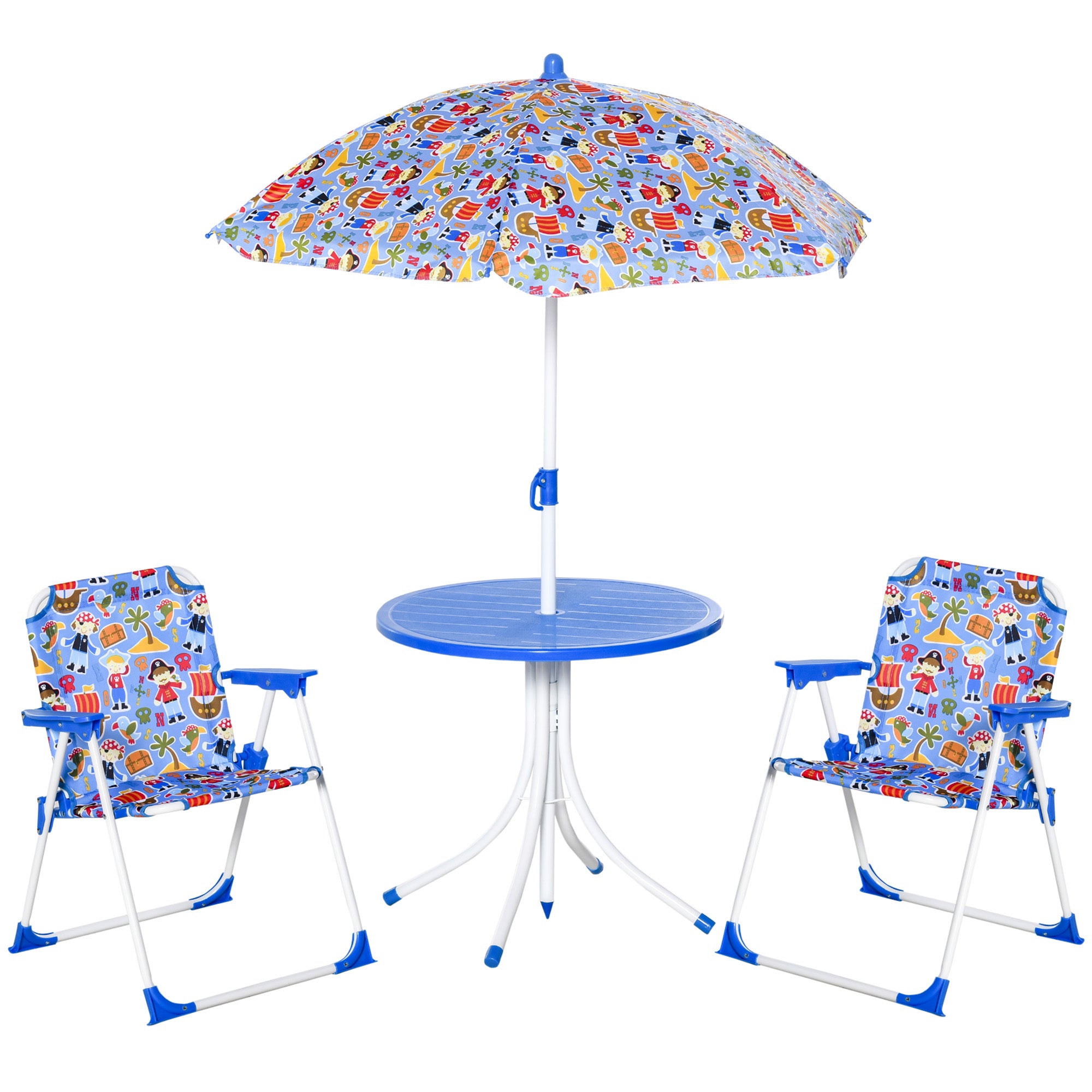 Outsunny Set de Mesa y Sillas Exterior Infantil Conjunto de Picnic Plegable para Jardín Juego de Mesa con Sombrilla Ajustable 100-125 cm Protección de UV Azul