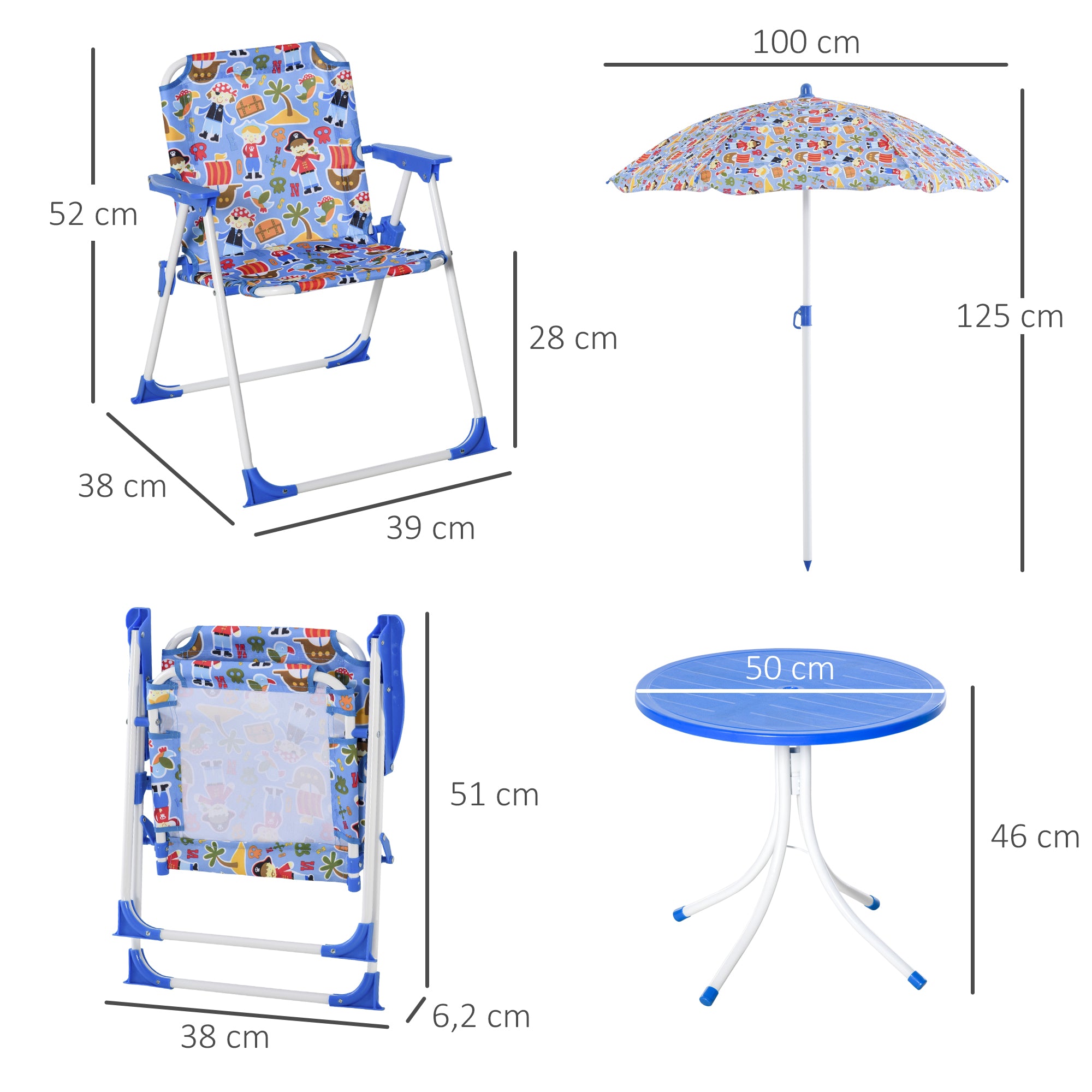 Outsunny Set de Mesa y Sillas Exterior Infantil Conjunto de Picnic Plegable para Jardín Juego de Mesa con Sombrilla Ajustable 100-125 cm Protección de UV Azul