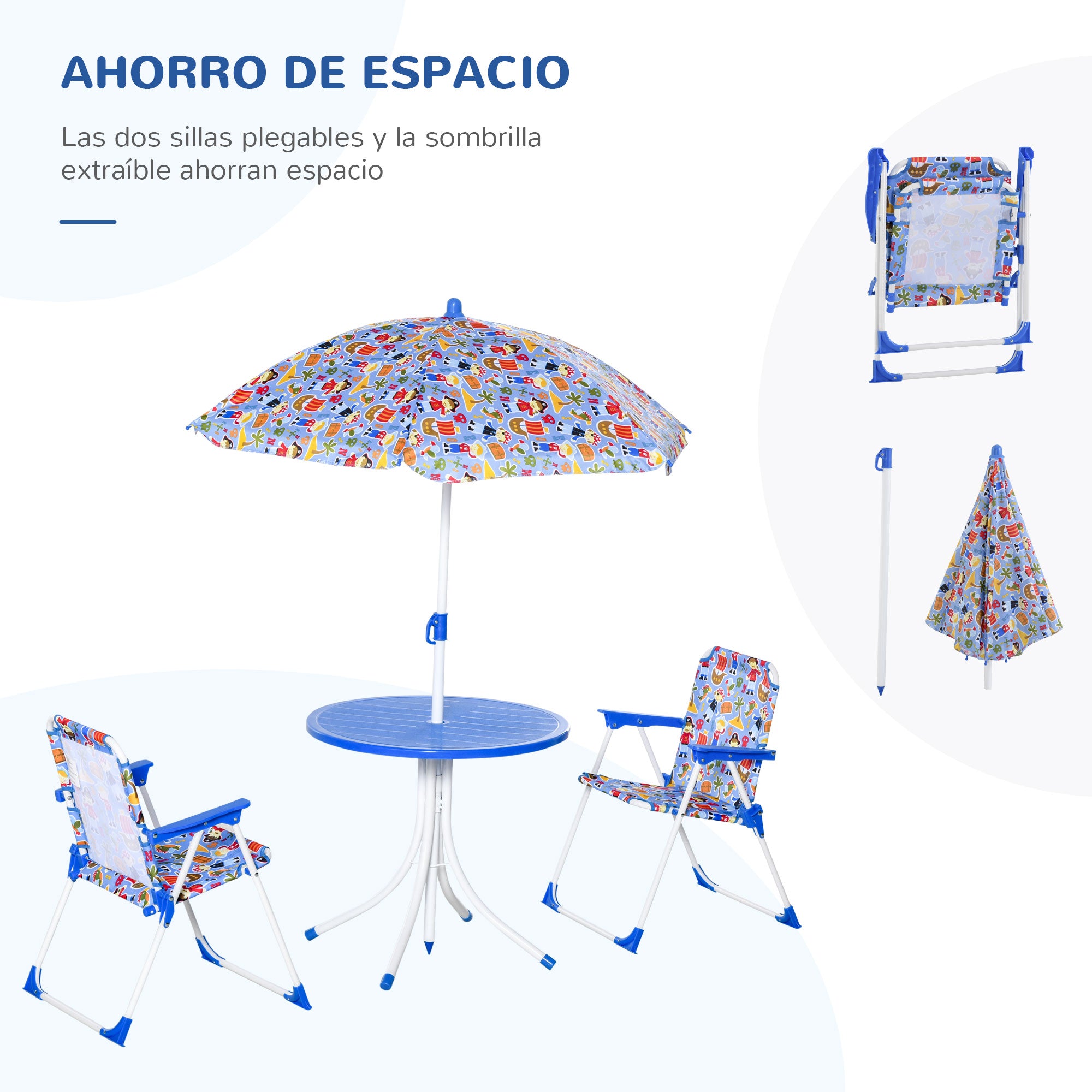 Outsunny Set de Mesa y Sillas Exterior Infantil Conjunto de Picnic Plegable para Jardín Juego de Mesa con Sombrilla Ajustable 100-125 cm Protección de UV Azul