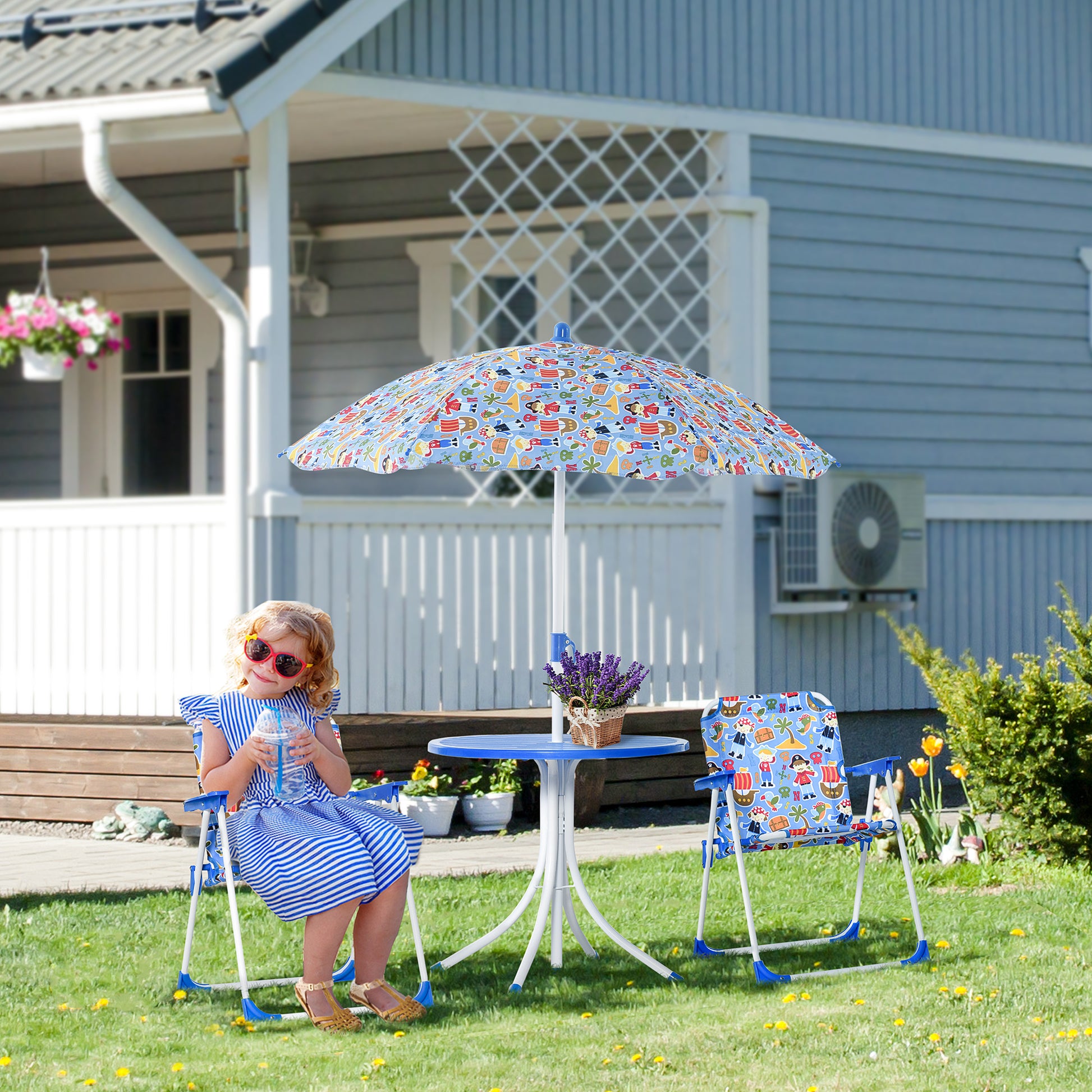 Outsunny Set de Mesa y Sillas Exterior Infantil Conjunto de Picnic Plegable para Jardín Juego de Mesa con Sombrilla Ajustable 100-125 cm Protección de UV Azul