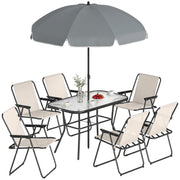 Outsunny Conjunto de Mesa y Sillas Jardín de 8 Piezas, Muebles de Jardín Exterior con Sombrilla, 6 Sillas Plegables, Mesa de Vidrio Templado, para Terraza, Patio, Crema