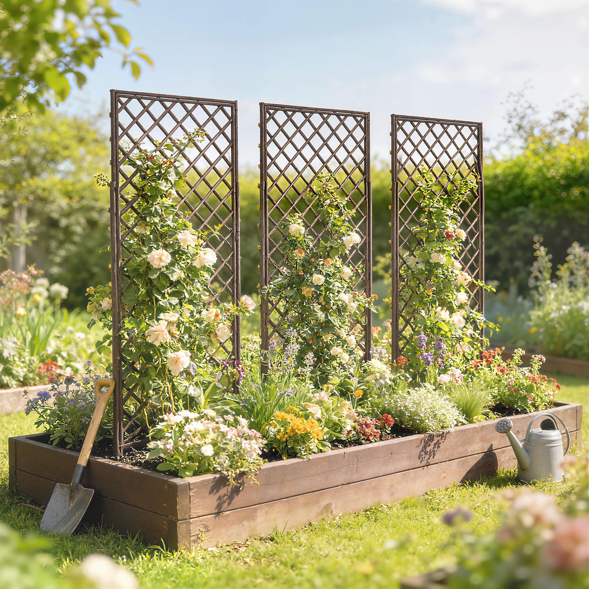 Outsunny Juego de 3 Enrejados de Jardín de Mimbre, Soportes para Plantas Trepadoras con Parte Superior Plana, para Frutas, Verduras, Flores, Decoración Exterior para Patio, 43x112 cm, Madera Natural