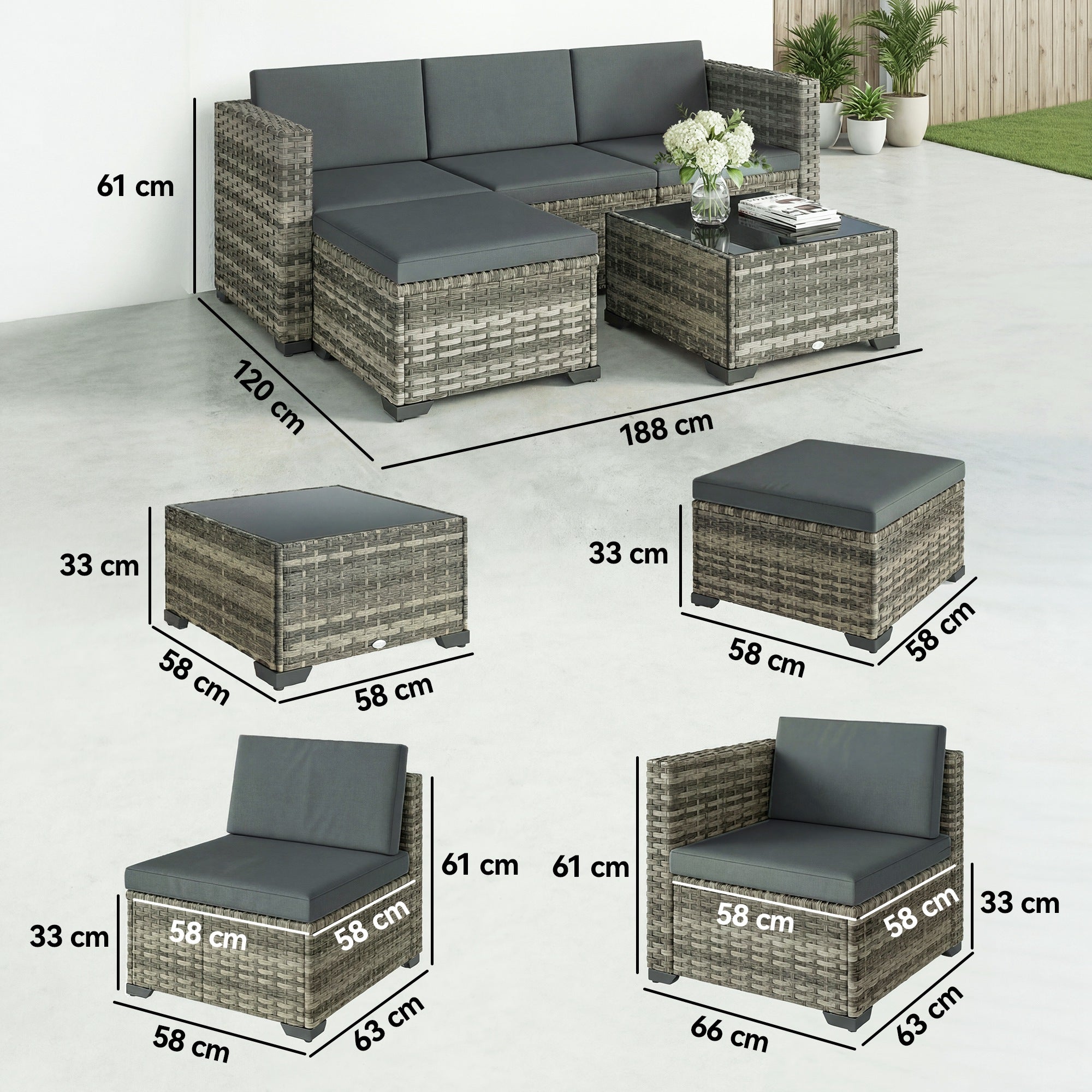 Outsunny Conjunto de Jardín de Ratán de 5 Piezas, Conjunto Terraza Resistente, Muebles Jardín Exterior Incluye Cojines, 2 Sillones de Esquina, Sillón sin Brazos, Reposapiés y Mesa Centro, Gris Oscuro