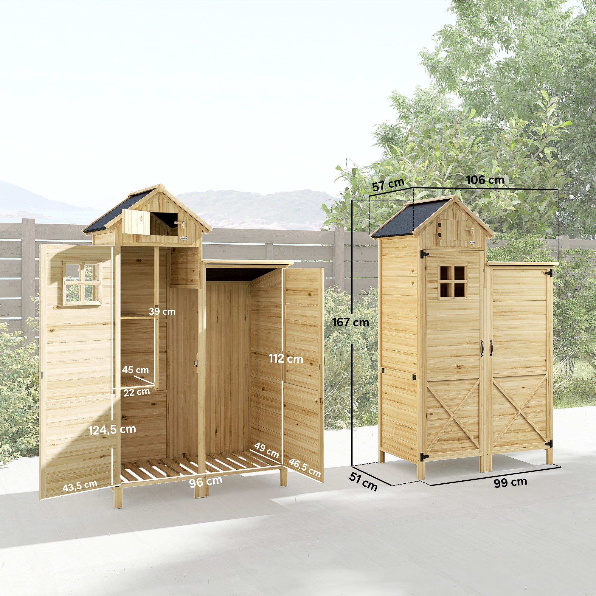 Outsunny Caseta de Jardín de Madera 106x57x167 cm, Cobertizo Jardín Exterior, Armario para Herramientas con Doble Zona, Puertas, Estantes Desmontables, Techo Asfáltico Impermeable y Ventana, Natural