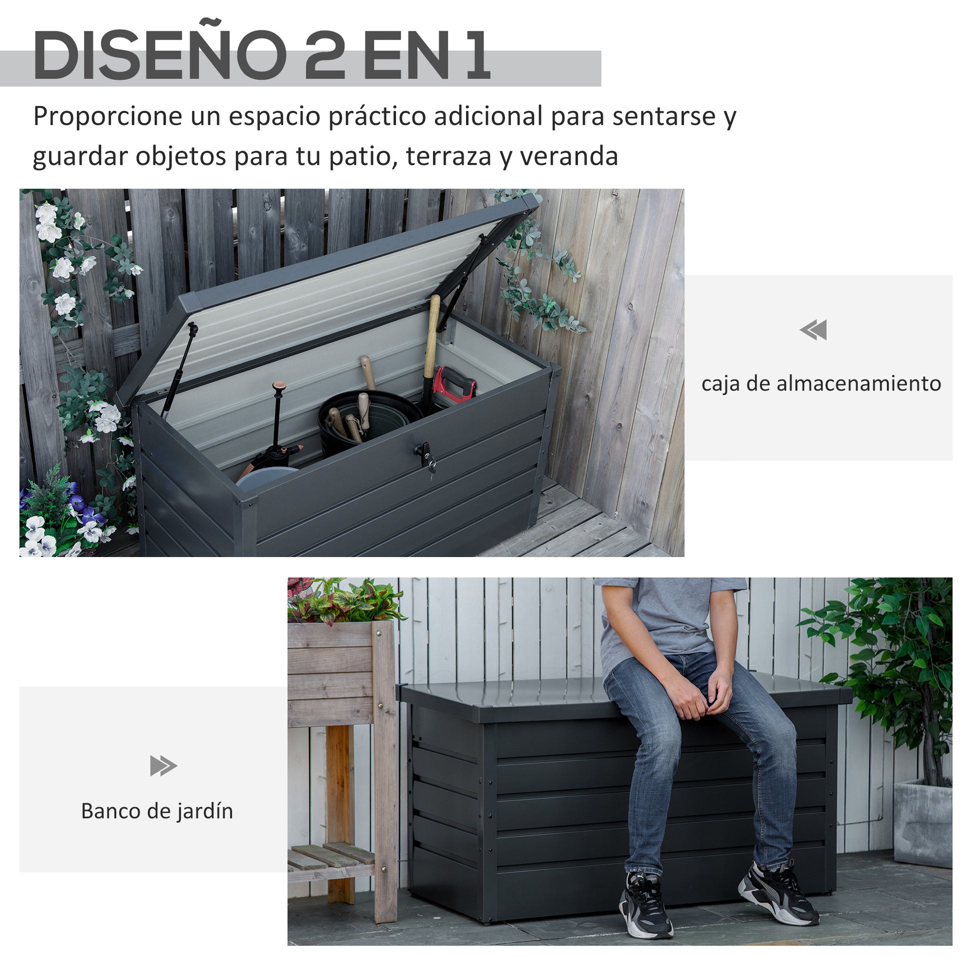 Outsunny Arcón Exterior Capacidad 311L Baúl de Almacenaje de Acero con Cerradura Llave Pistones Neumáticos para Jardín Terraza Patio 120x62x62 cm Gris Oscuro