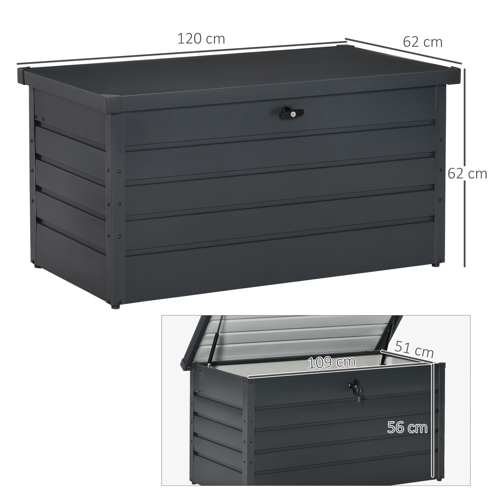 Outsunny Arcón Exterior Capacidad 311L Baúl de Almacenaje de Acero con Cerradura Llave Pistones Neumáticos para Jardín Terraza Patio 120x62x62 cm Gris Oscuro