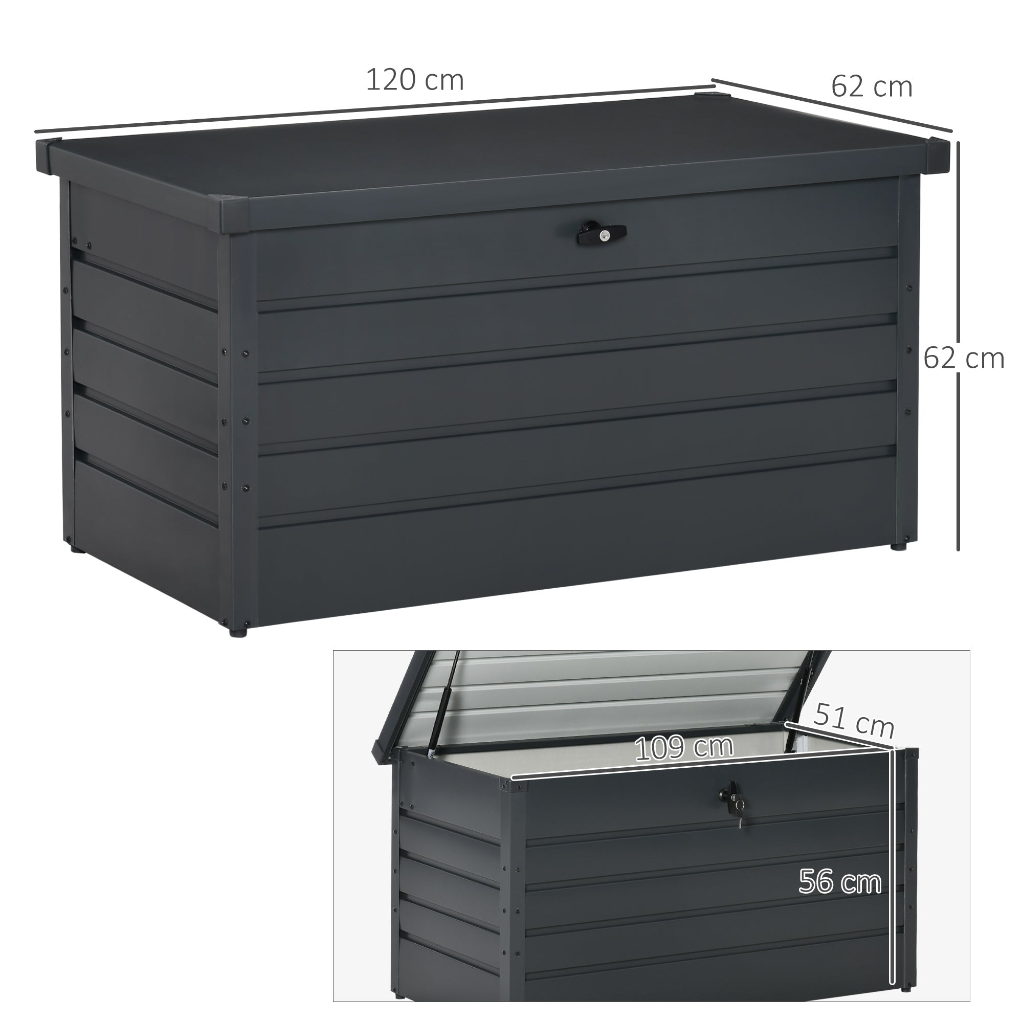 Outsunny Arcón Exterior Capacidad 311L Baúl de Almacenaje de Acero con Cerradura Llave Pistones Neumáticos para Jardín Terraza Patio 120x62x62 cm Gris Oscuro