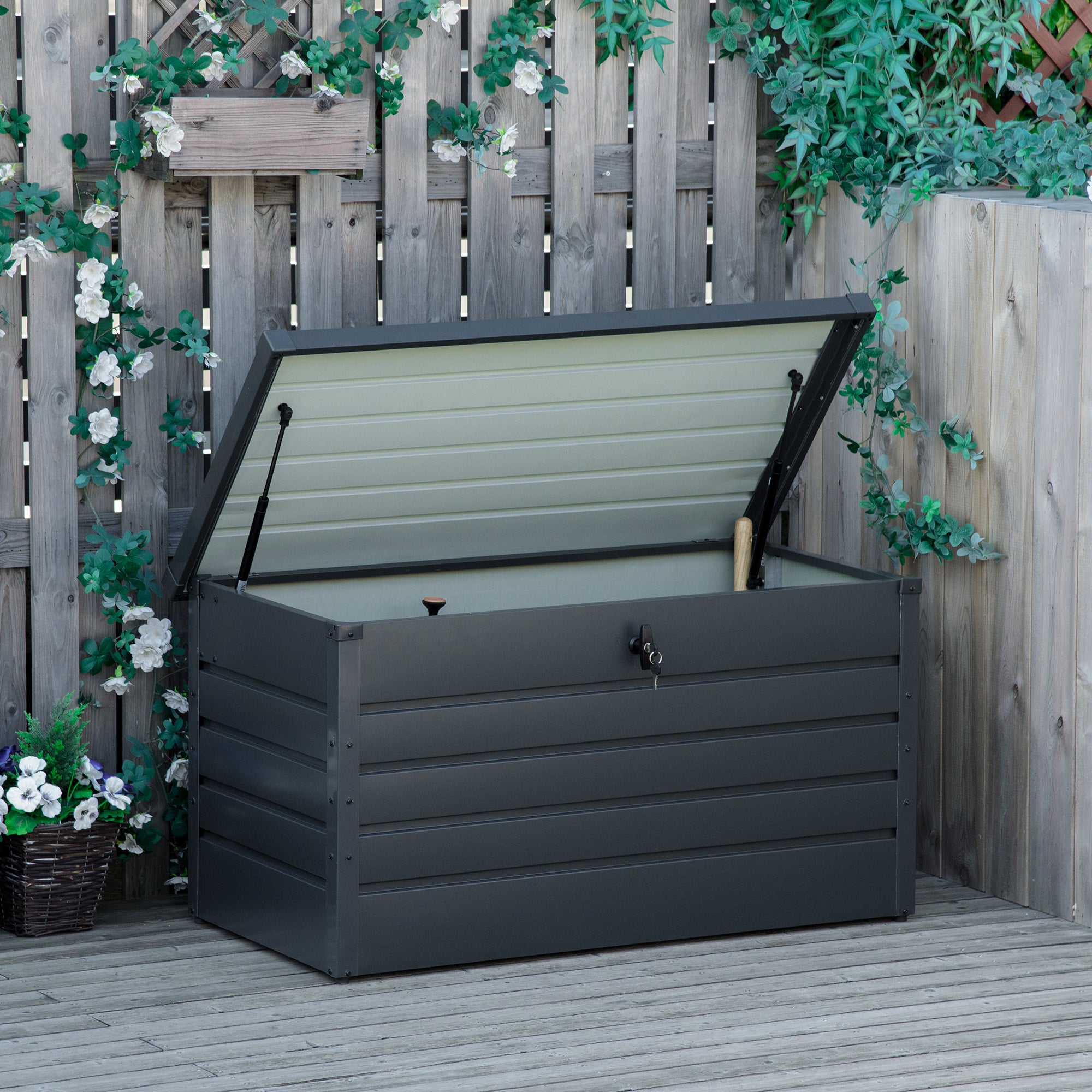 Outsunny Arcón Exterior Capacidad 311L Baúl de Almacenaje de Acero con Cerradura Llave Pistones Neumáticos para Jardín Terraza Patio 120x62x62 cm Gris Oscuro