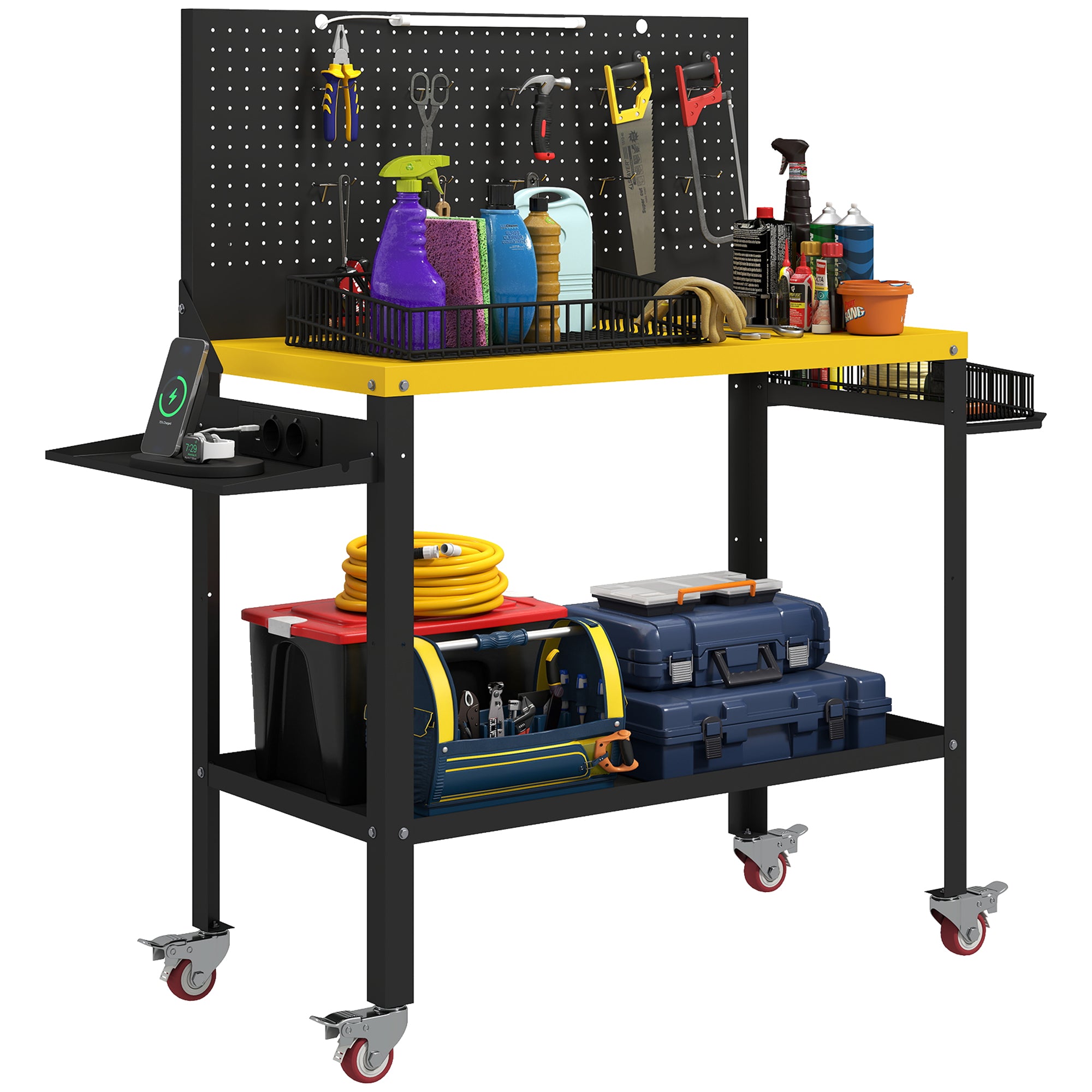 HOMCOM Banco de Trabajo con Panel Perforado y Ruedas, Mesa de Trabajo con Enchufes, USB, Luz LED y Estructura Metálica, Carga 300 kg, Banco para Garaje o Taller, 128x49,5x127,5 cm, Negro y Amarillo