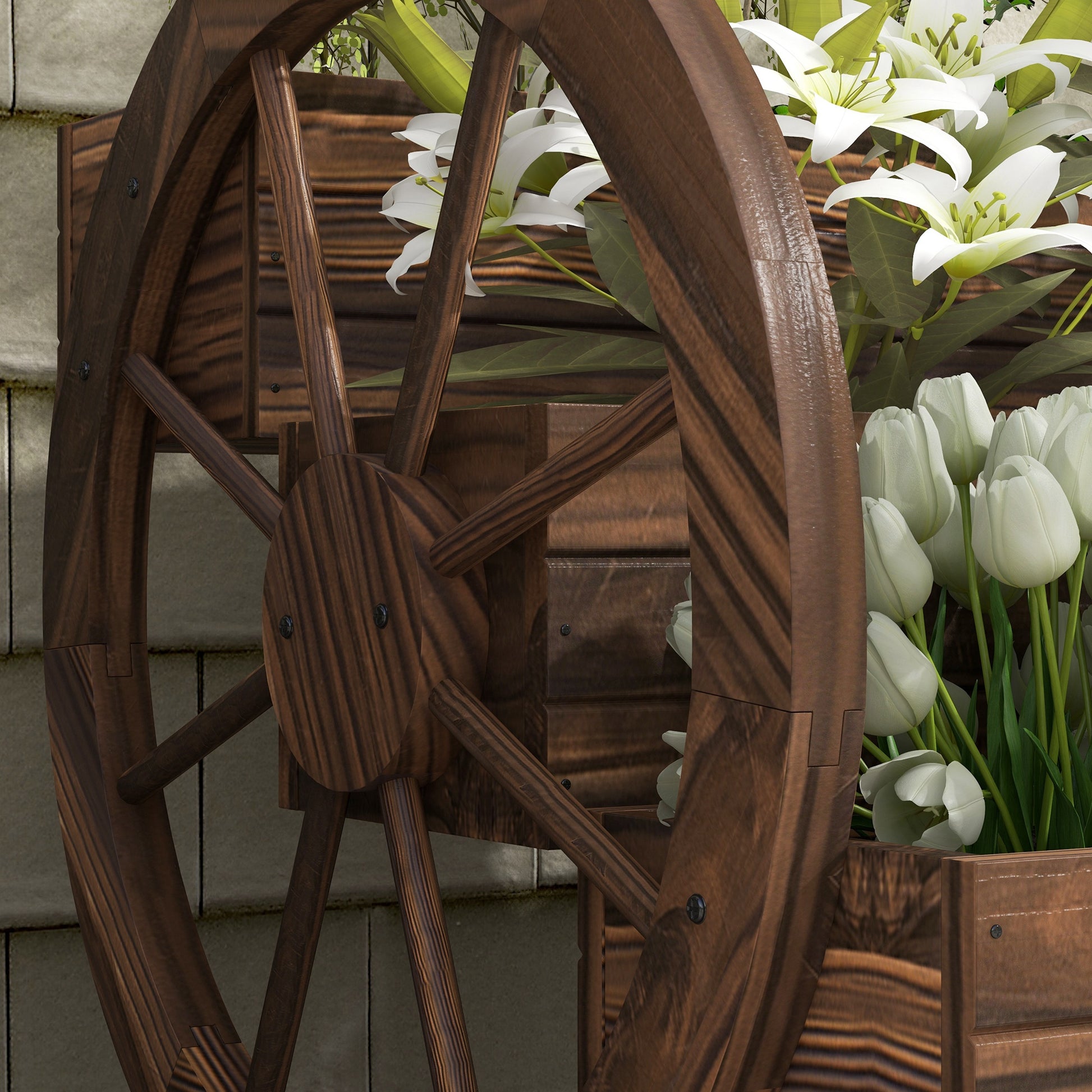 Outsunny Jardinera de Madera Macetero Exterior de 3 Niveles Diseño de Escalera y Forma de Ruedas Orificios de Drenaje Huerto Urbano Cultivos Plantas Flores en Terraza Jardín 61x62x57 cm Carbonizado