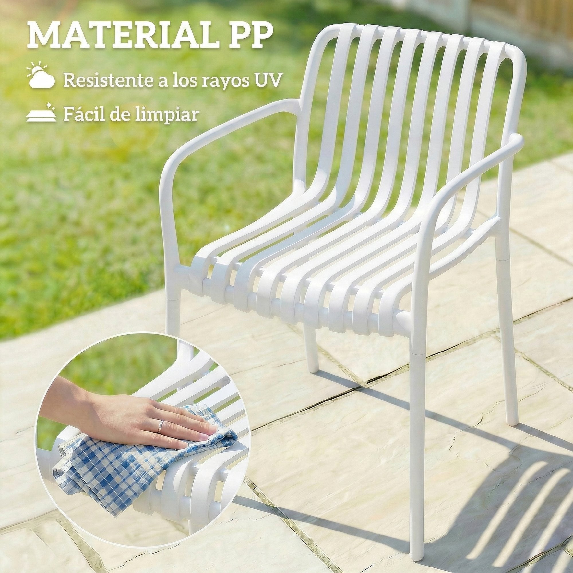 Outsunny Juego de 4 Sillas de Jardín Exterior Apilables, Sillas Terraza Exterior de PP con Respaldo Curvado, Asiento de Listones, Reposabrazos, 55x58,5x81,5 cm, Blanco