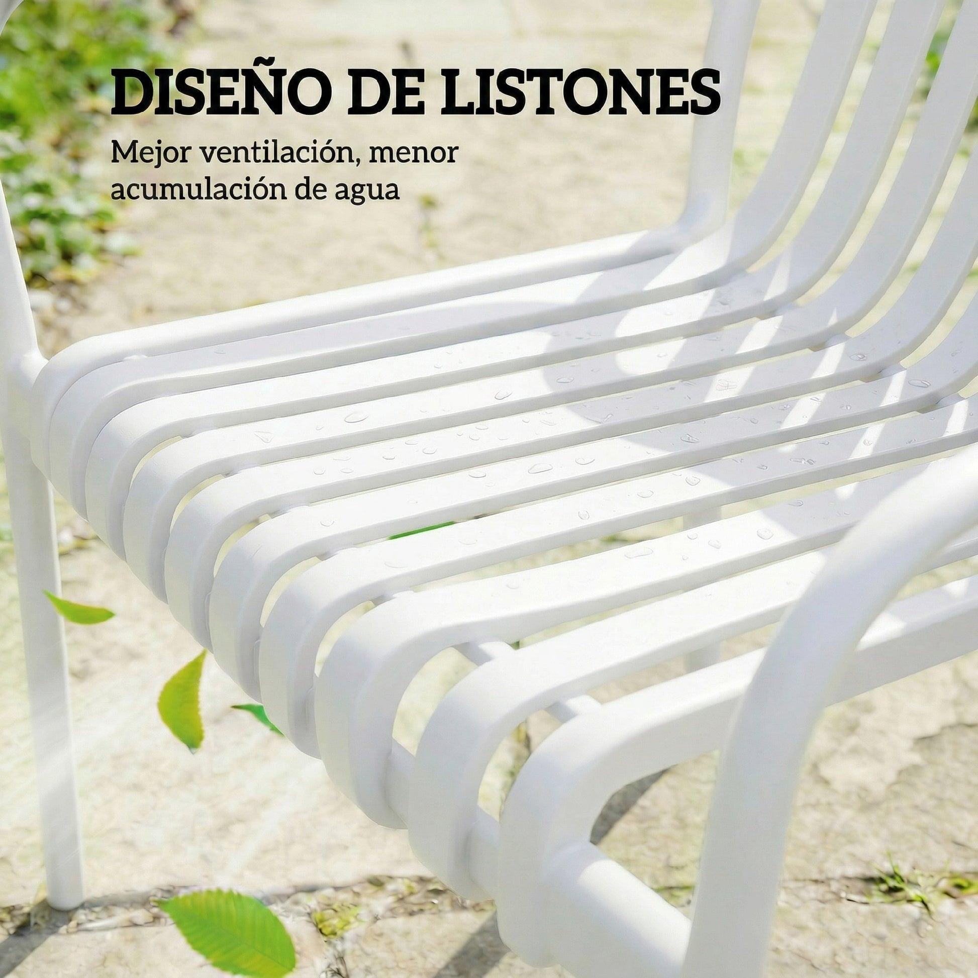 Outsunny Juego de 4 Sillas de Jardín Exterior Apilables, Sillas Terraza Exterior de PP con Respaldo Curvado, Asiento de Listones, Reposabrazos, 55x58,5x81,5 cm, Blanco