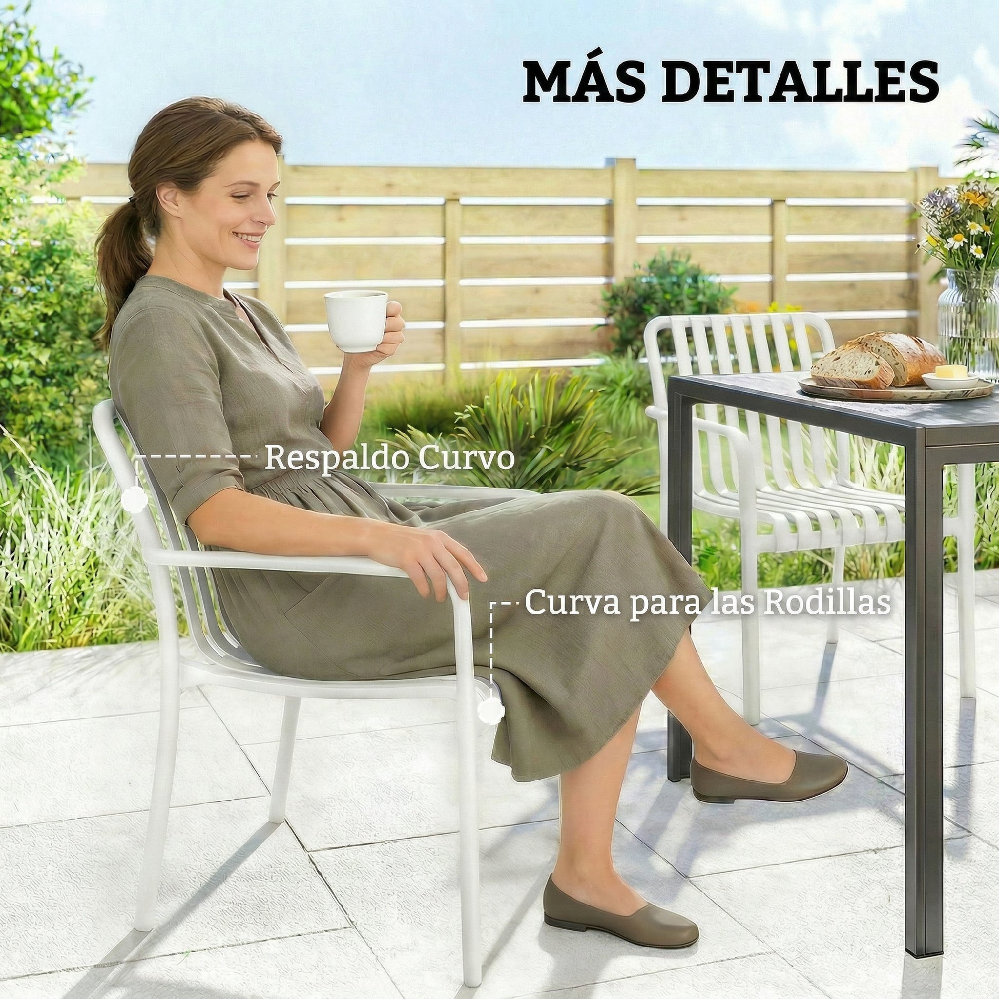 Outsunny Juego de 4 Sillas de Jardín Exterior Apilables, Sillas Terraza Exterior de PP con Respaldo Curvado, Asiento de Listones, Reposabrazos, 55x58,5x81,5 cm, Blanco