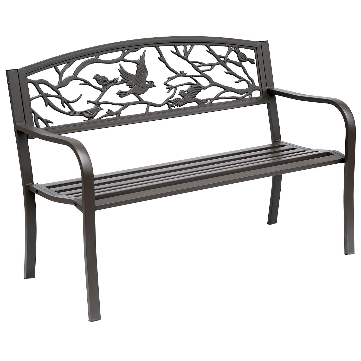 Outsunny Banco de Jardín de Acero Banco de Exterior con Apoyabrazos y Respaldo con Imagen de Animales Carga 240 kg para Patio Terraza 127x60x85 cm Marrón