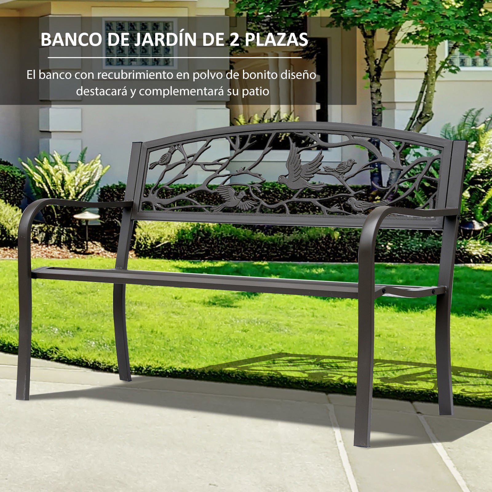 Outsunny Banco de Jardín de Acero Banco de Exterior con Apoyabrazos y Respaldo con Imagen de Animales Carga 240 kg para Patio Terraza 127x60x85 cm Marrón