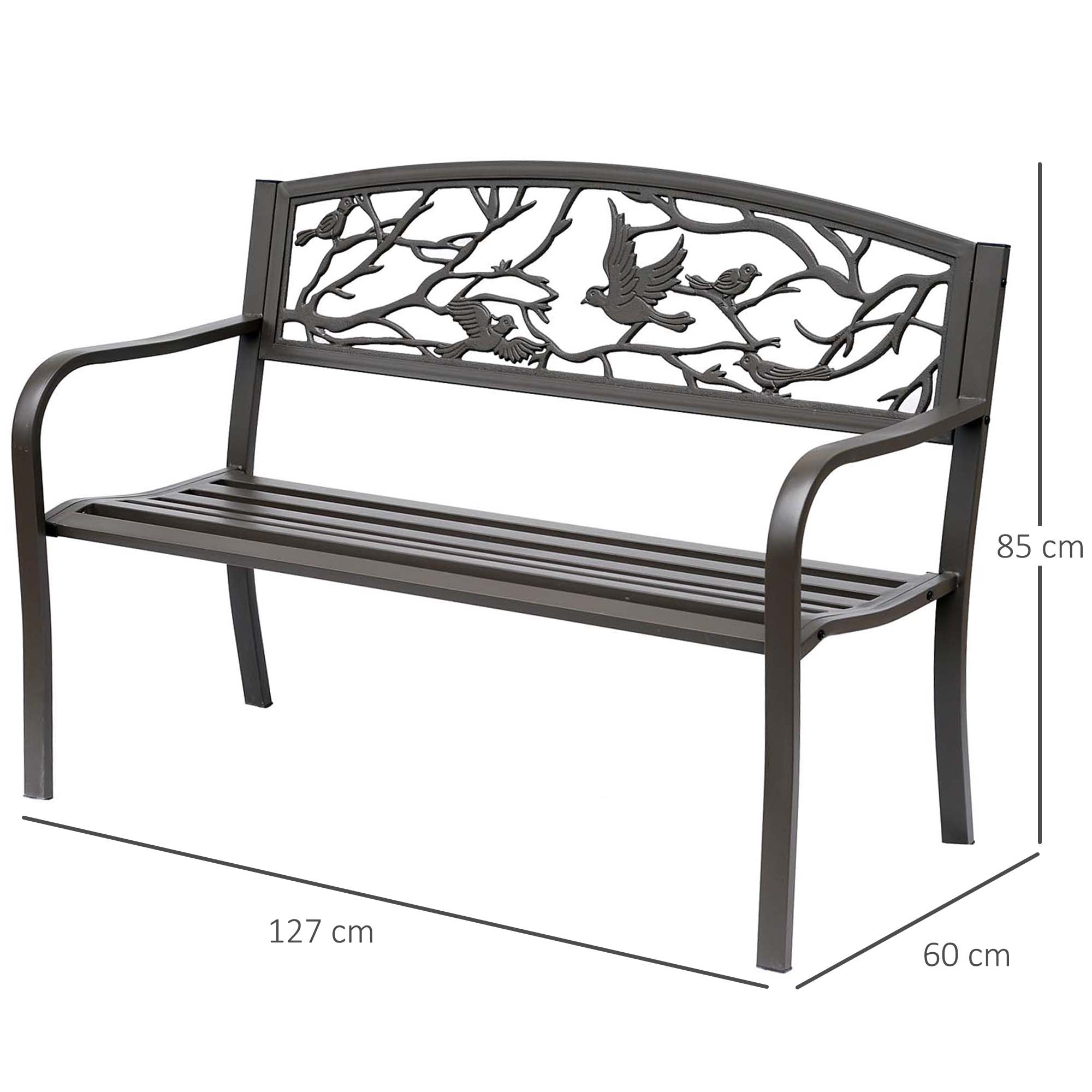 Outsunny Banco de Jardín de Acero Banco de Exterior con Apoyabrazos y Respaldo con Imagen de Animales Carga 240 kg para Patio Terraza 127x60x85 cm Marrón