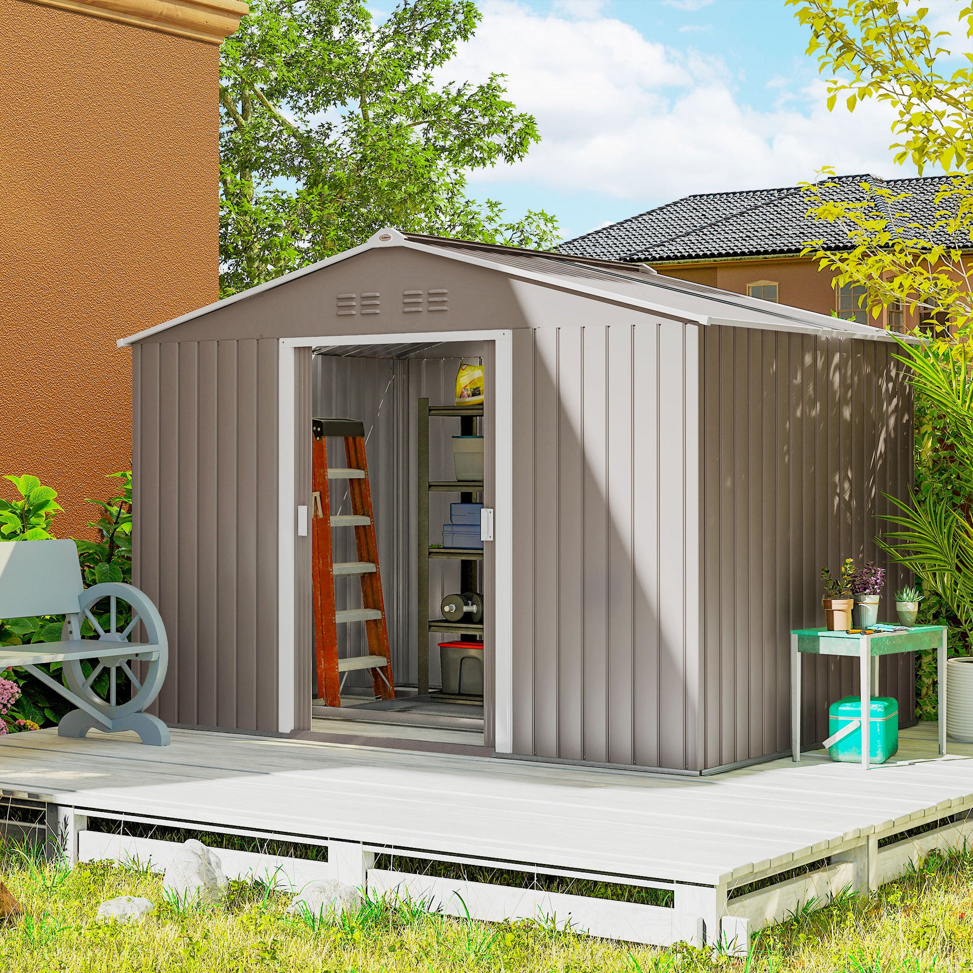 Outsunny Caseta de Jardín Exterior 4,9 m², 277x195x192 cm, Cobertizo de Jardín Exterior Metálico con Claraboya de Fibra de Vidrio, Puerta Corredera, Ventilación y Kit de Fundación, Gris Claro