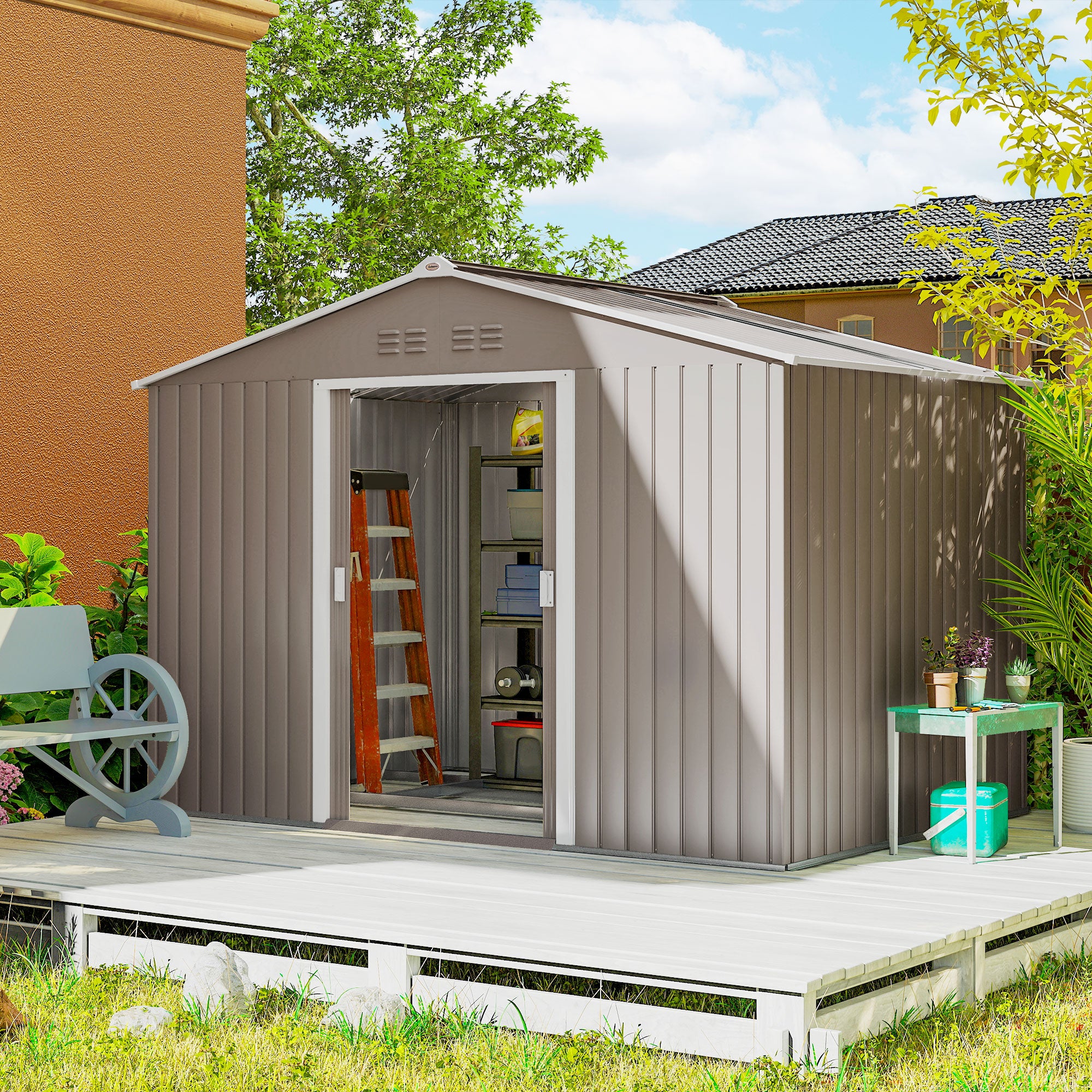 Outsunny Caseta de Jardín Exterior 4,9 m², 277x195x192 cm, Cobertizo de Jardín Exterior Metálico con Claraboya de Fibra de Vidrio, Puerta Corredera, Ventilación y Kit de Fundación, Gris Claro