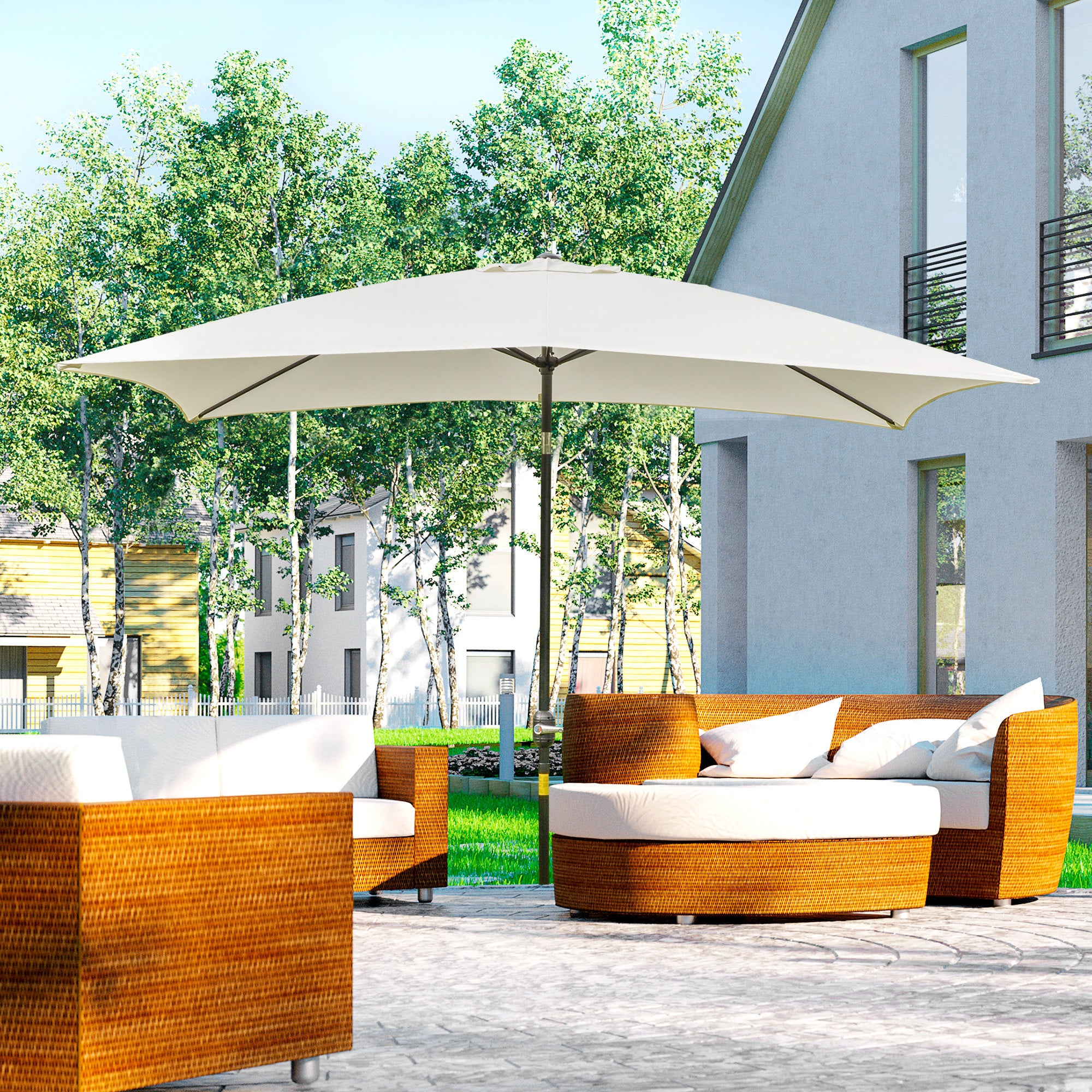 Outsunny Sombrilla de Aluminio 200x300x240 cm Parasol Rectangular de Jardín Inclinable con Manivela y Poste Desmontable para Terraza Piscina Patio Exterior Crema