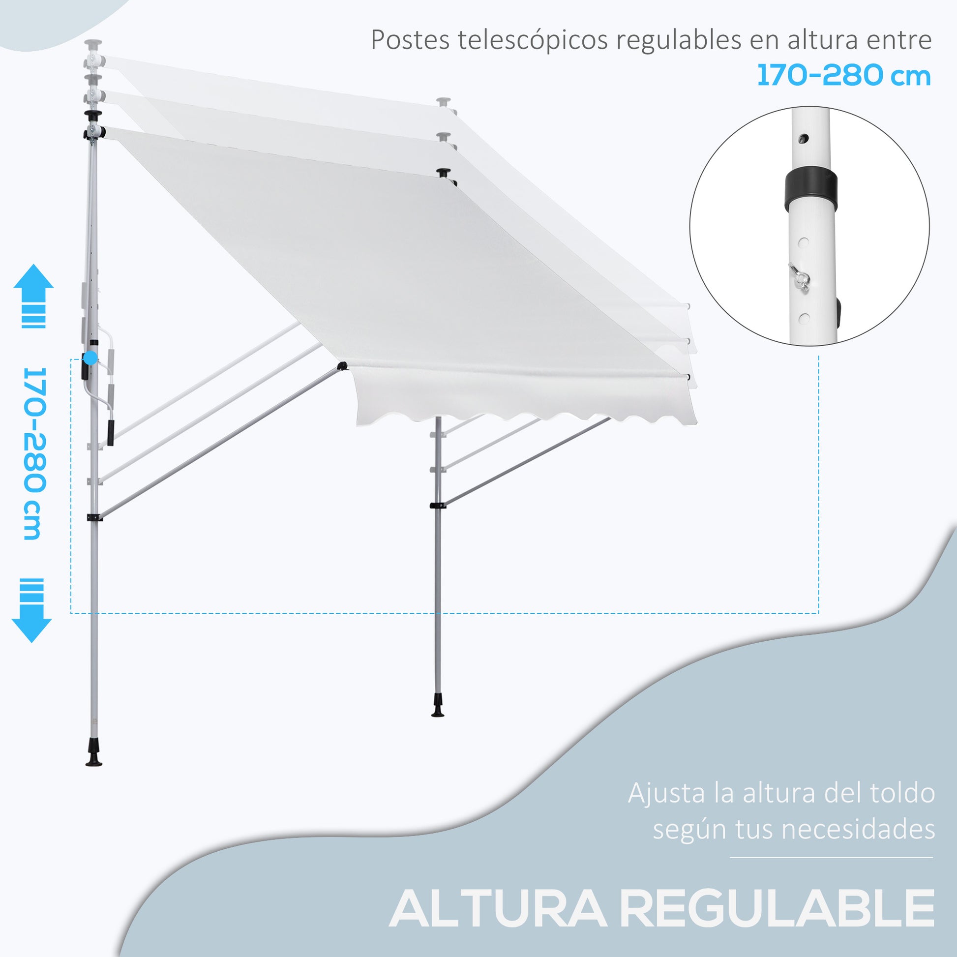 Outsunny Toldo Manual Retráctil 2x1,5 m Toldo Exterior Terraza Enrollable Altura Ajustable con Manivela 170-280 cm Sin Taladro para Balcón Jardín Blanco