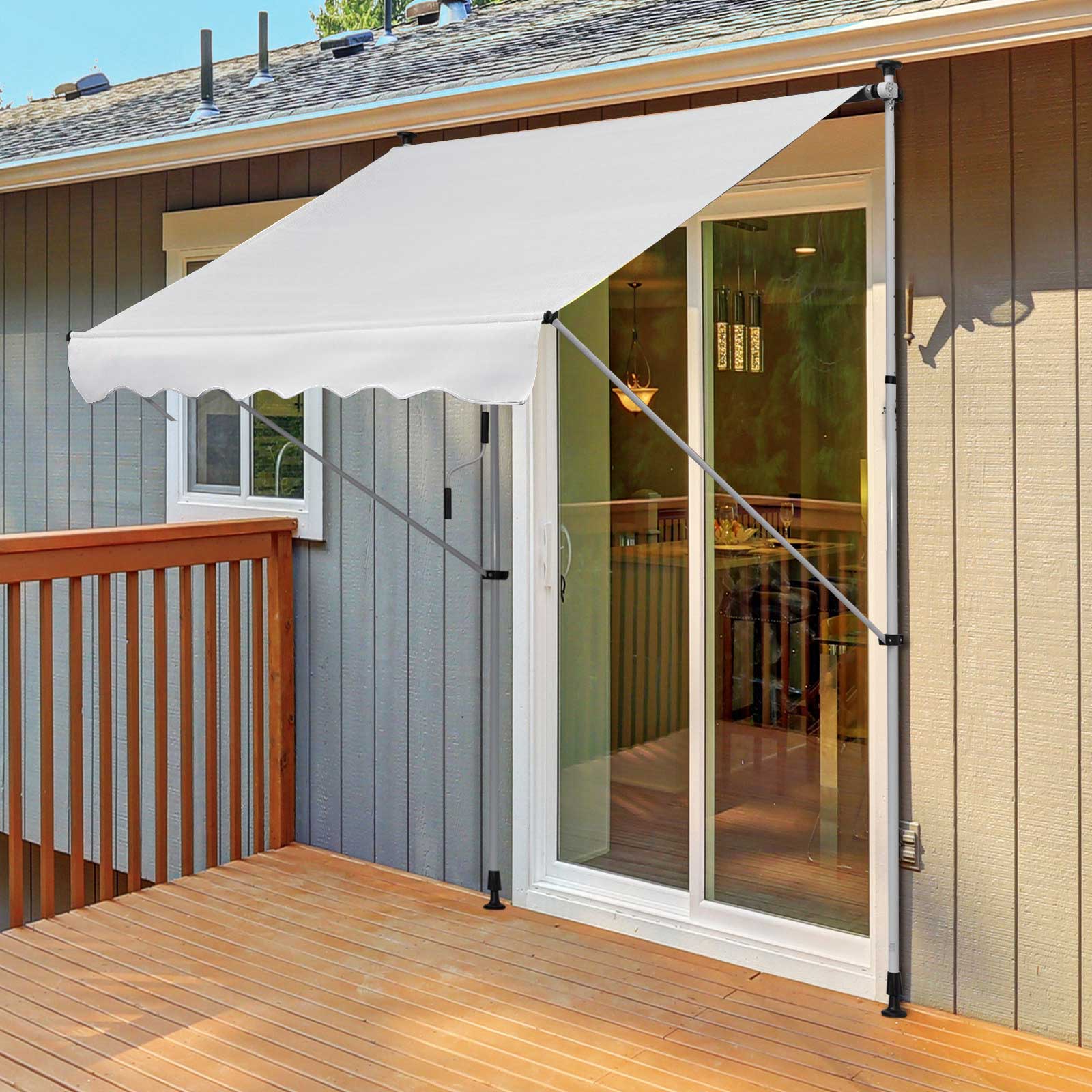 Outsunny Toldo Manual Retráctil 2x1,5 m Toldo Exterior Terraza Enrollable Altura Ajustable con Manivela 170-280 cm Sin Taladro para Balcón Jardín Blanco